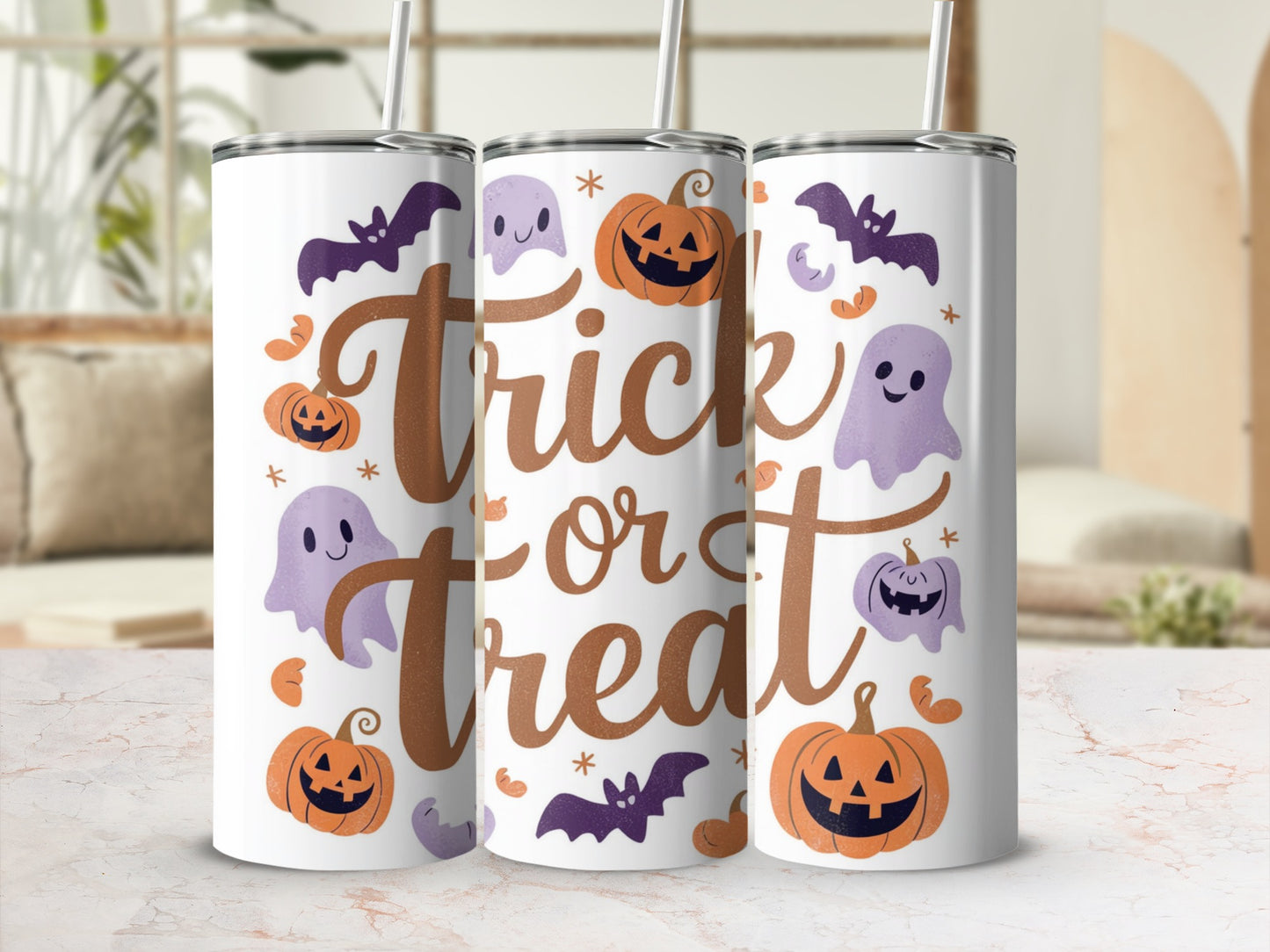 White tumblers with "Trick or Treat" text and Halloween-themed graphics.