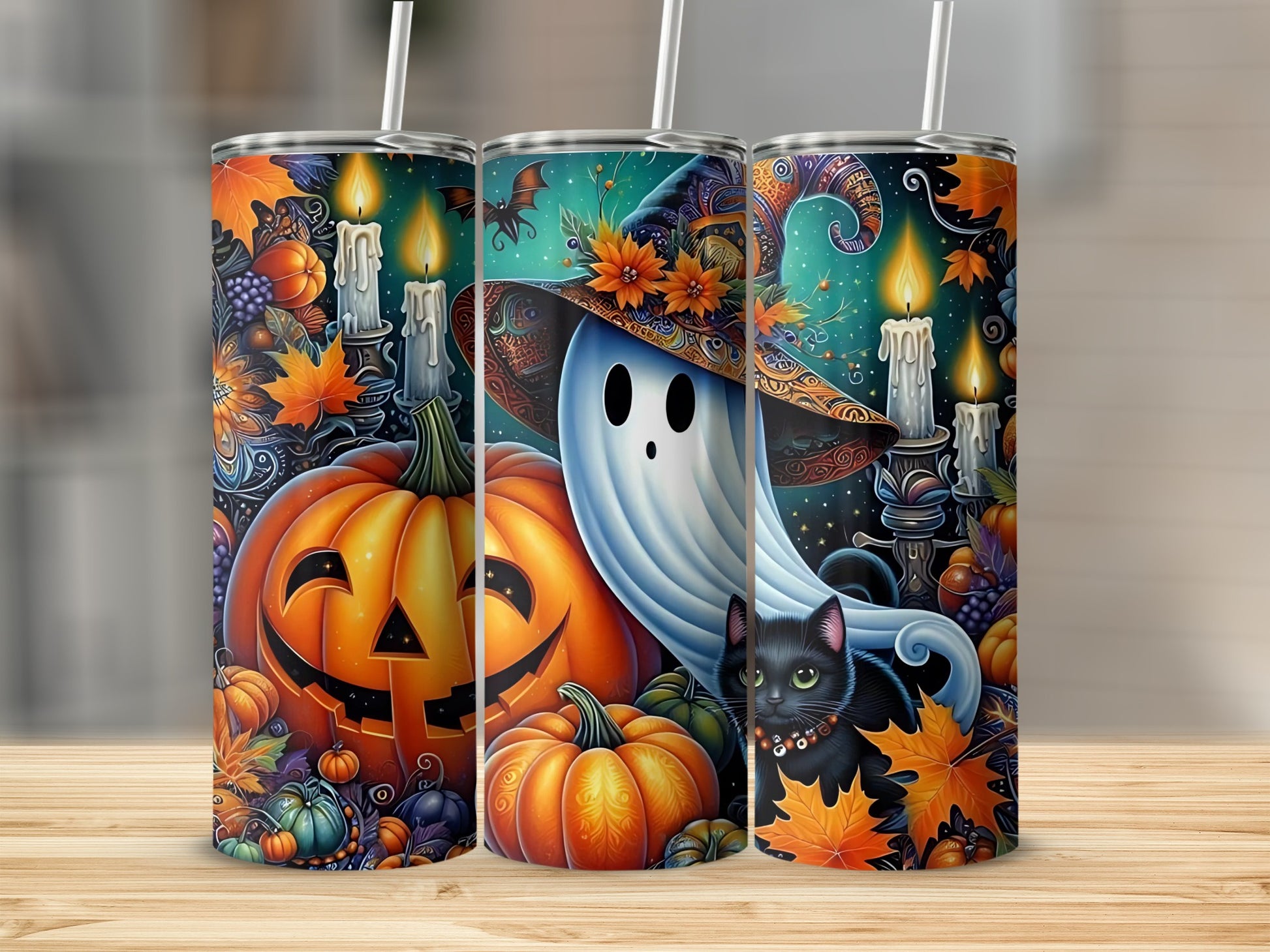 Halloween Pumpkin Ghost and Cat Themed Tumbler