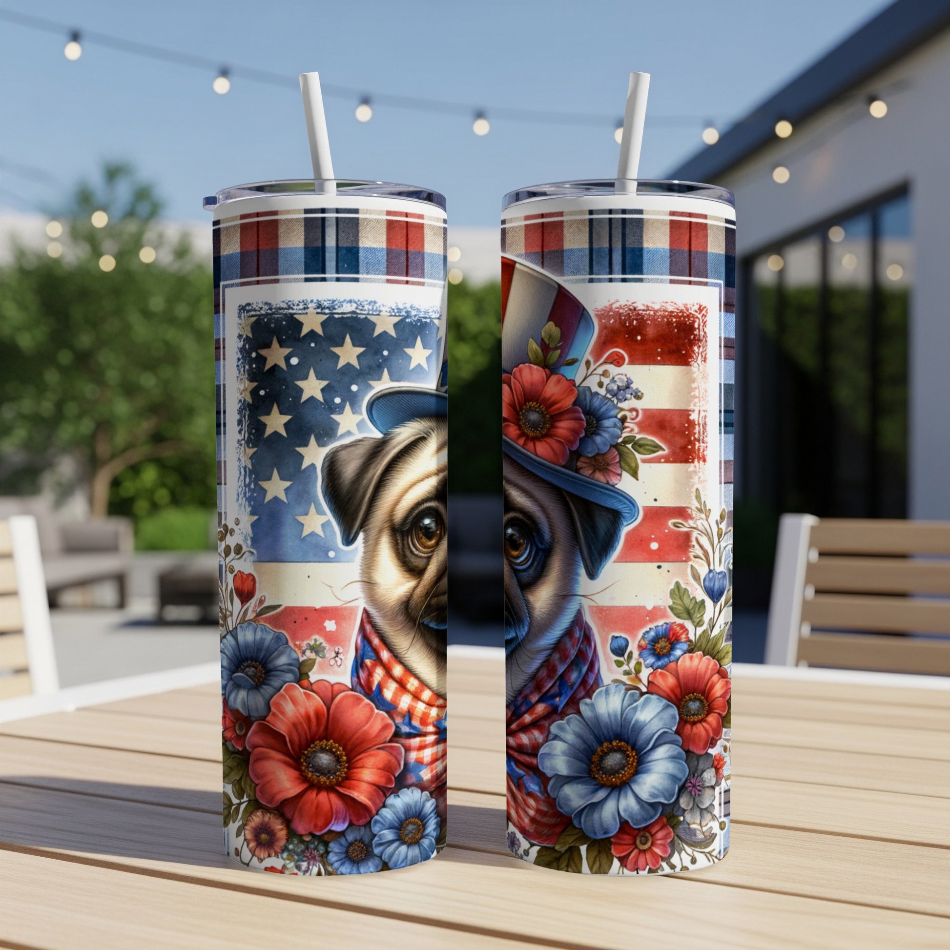 Pug wearing a patriotic hat and scarf on a themed tumbler.