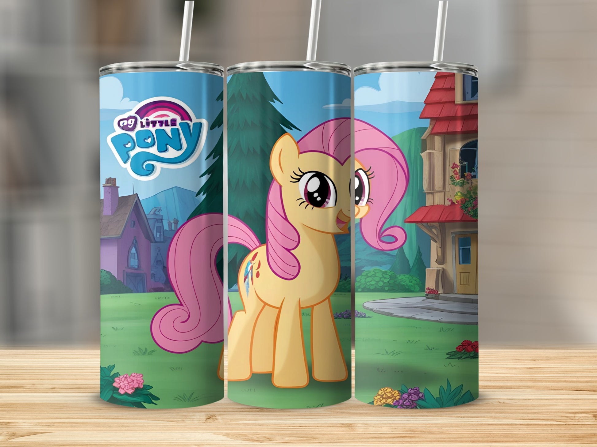 My Little Pony Fluttershy tumbler with cartoon background.