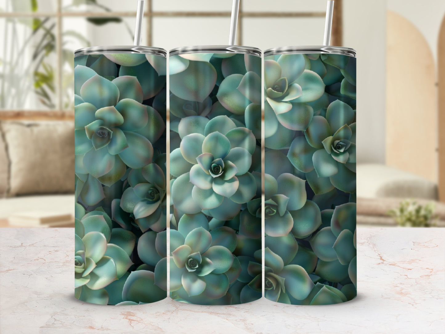 Three tumblers with a close-up succulent plant pattern.