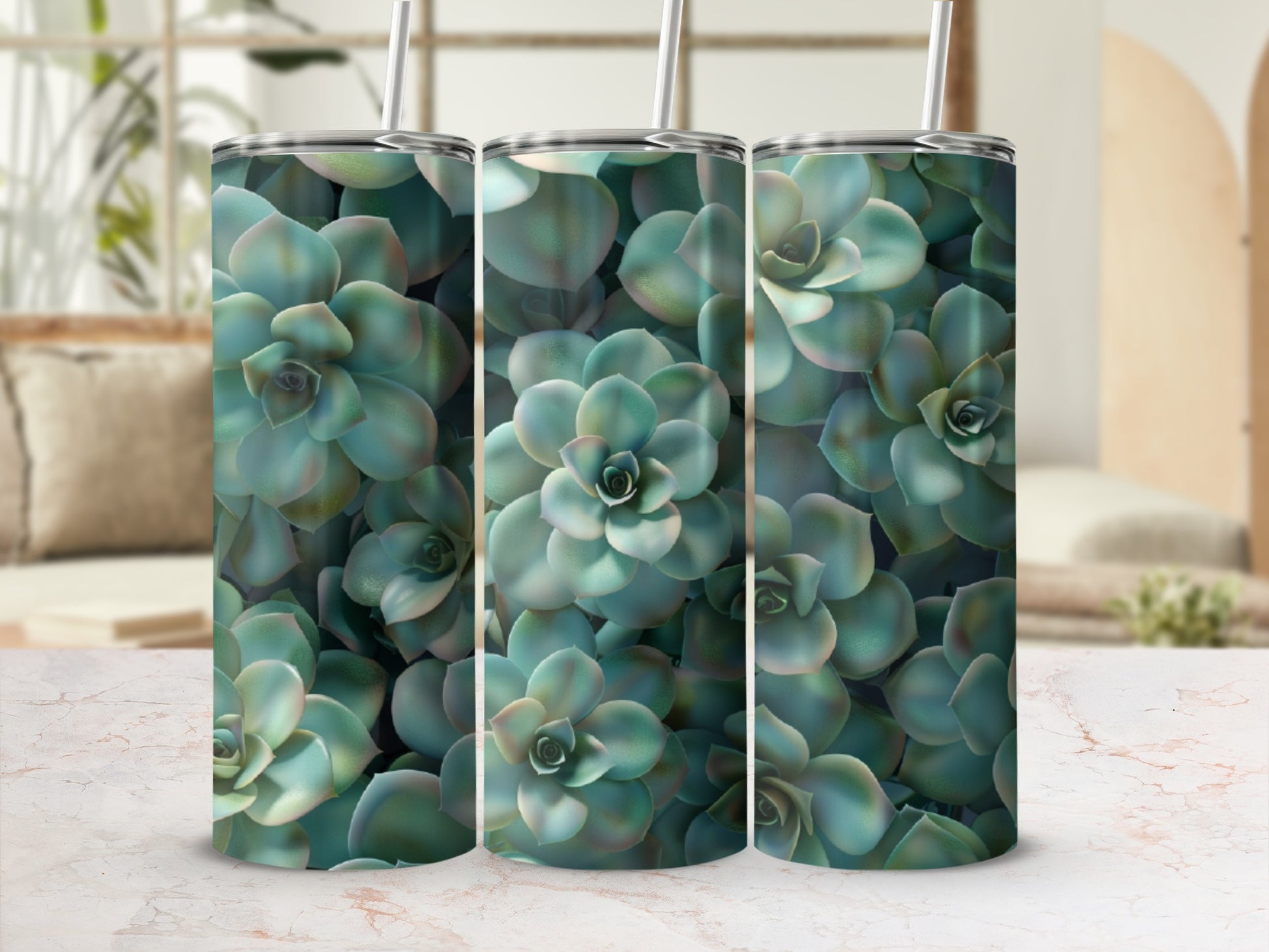 Three tumblers with a close-up succulent plant pattern.