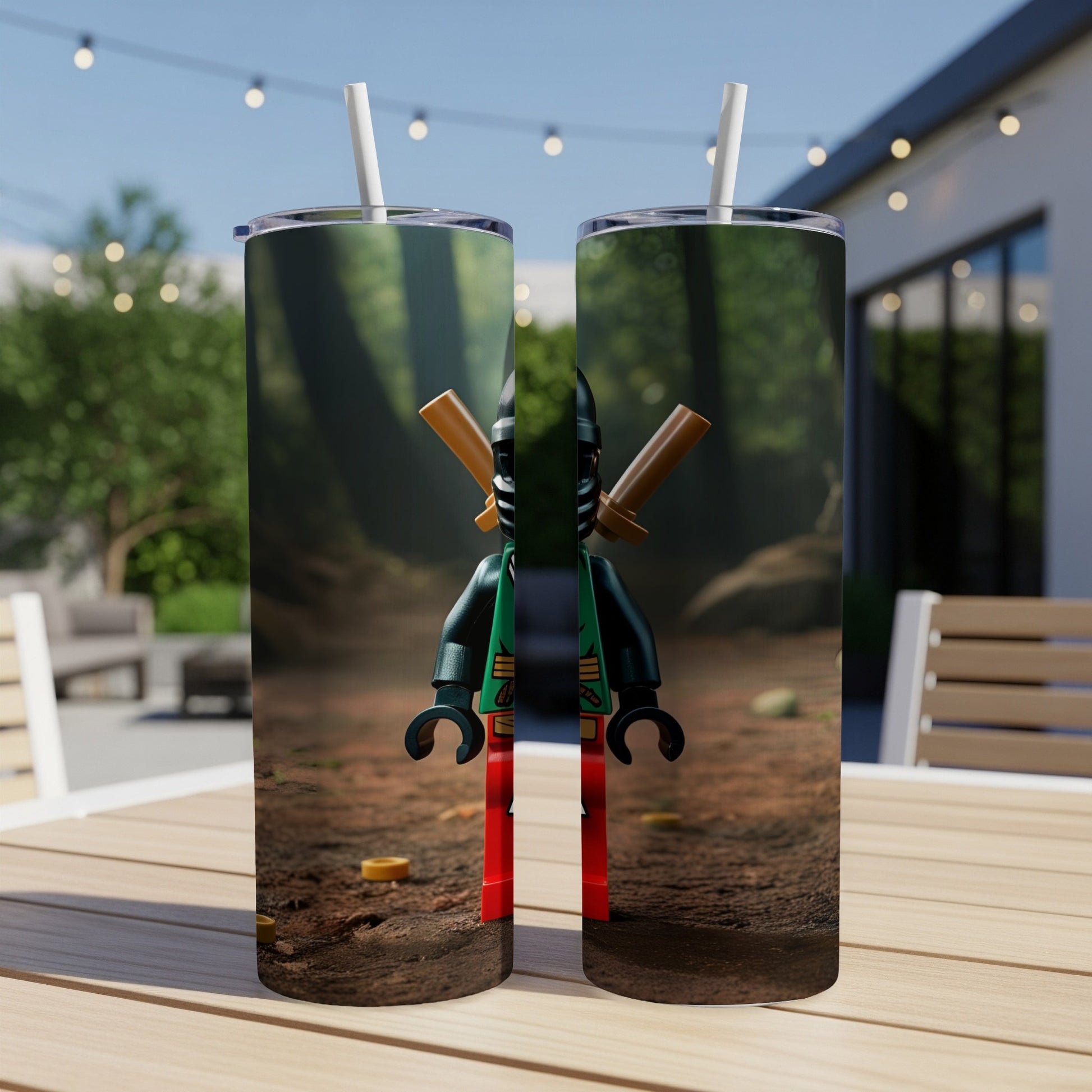 Ninjago Kai minifigure with swords on wooden table, two tumblers shown.