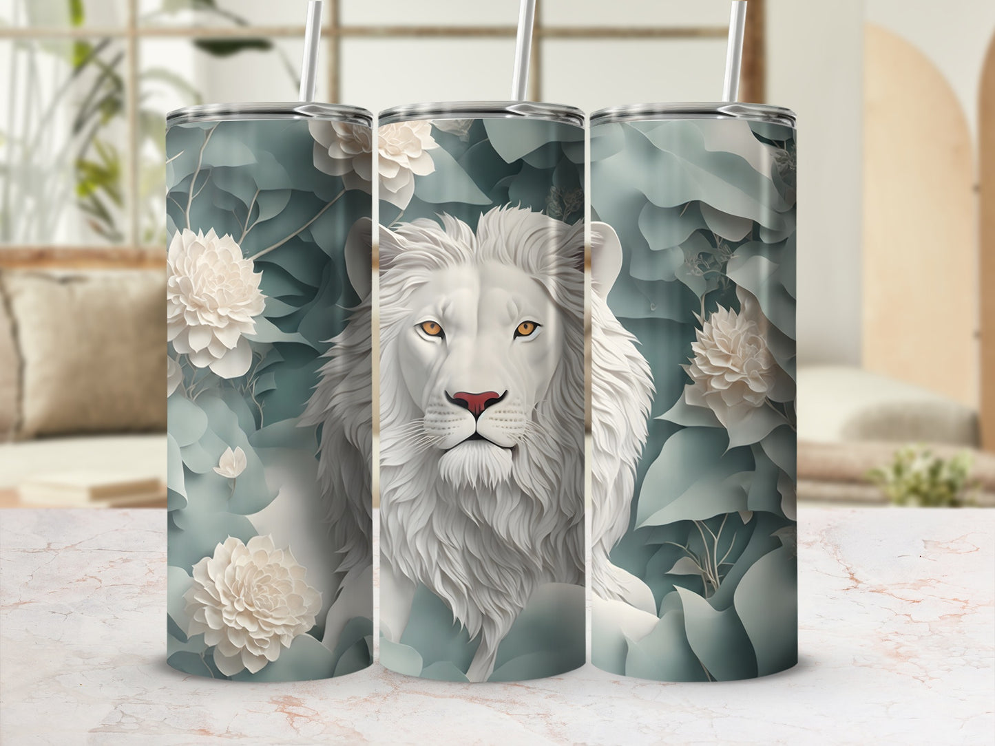 White lion with pale flowers on a tall tumbler with straw.