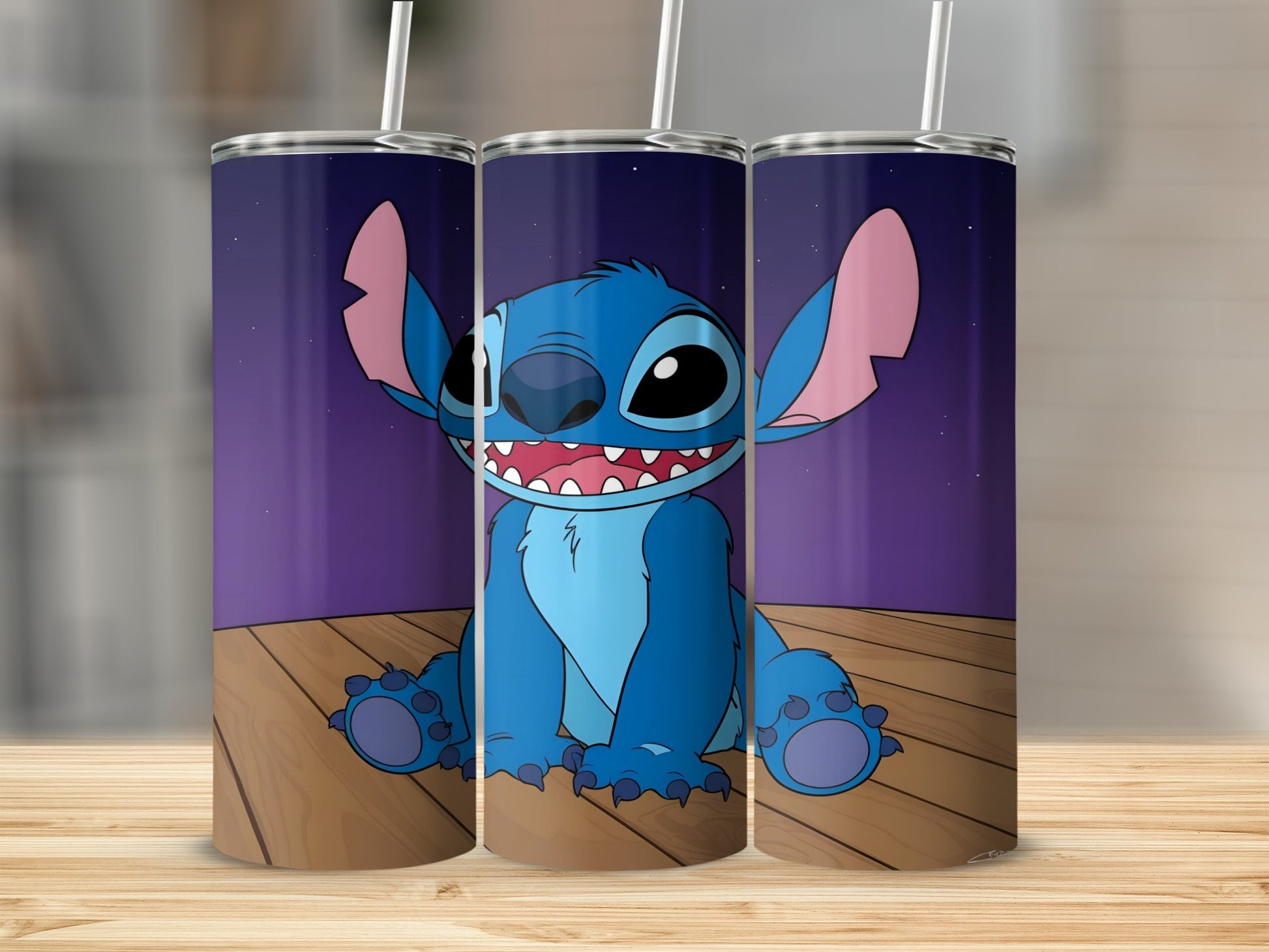 Blue Stitch character sitting on wooden planks under a starry purple sky.