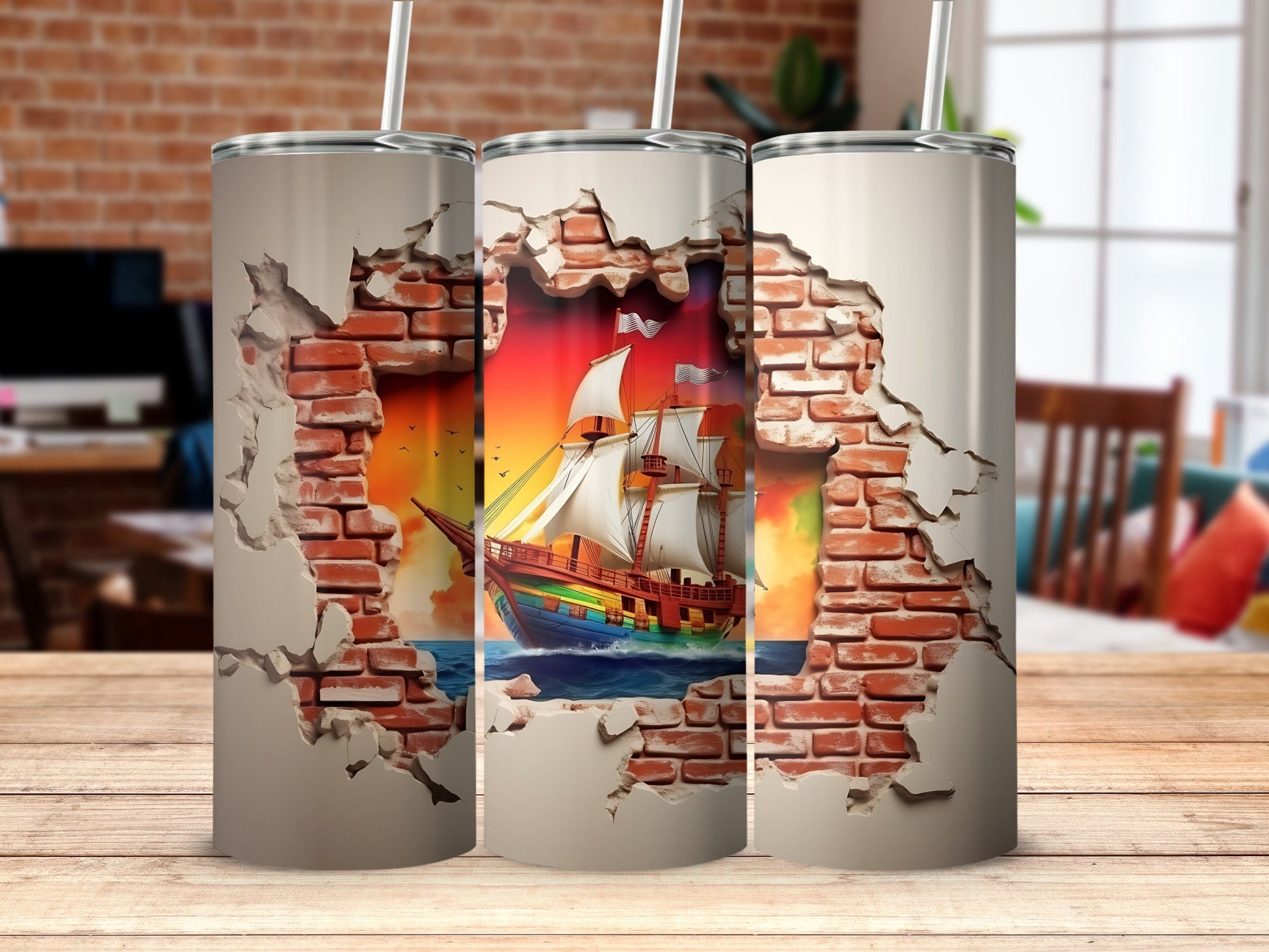Pirate Ship Breaks Through Brick Wall on Tumbler Cup