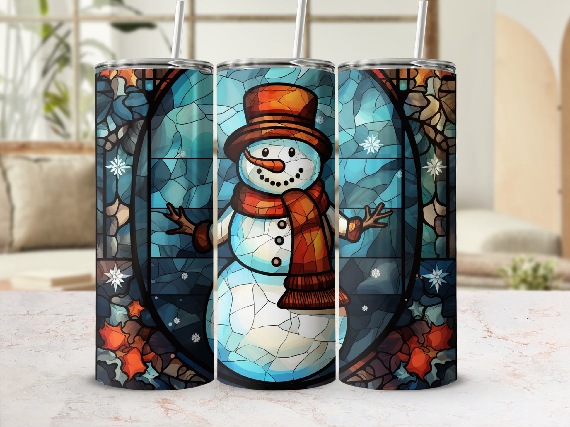 Snowman with stained glass design and scarf on a tumbler.