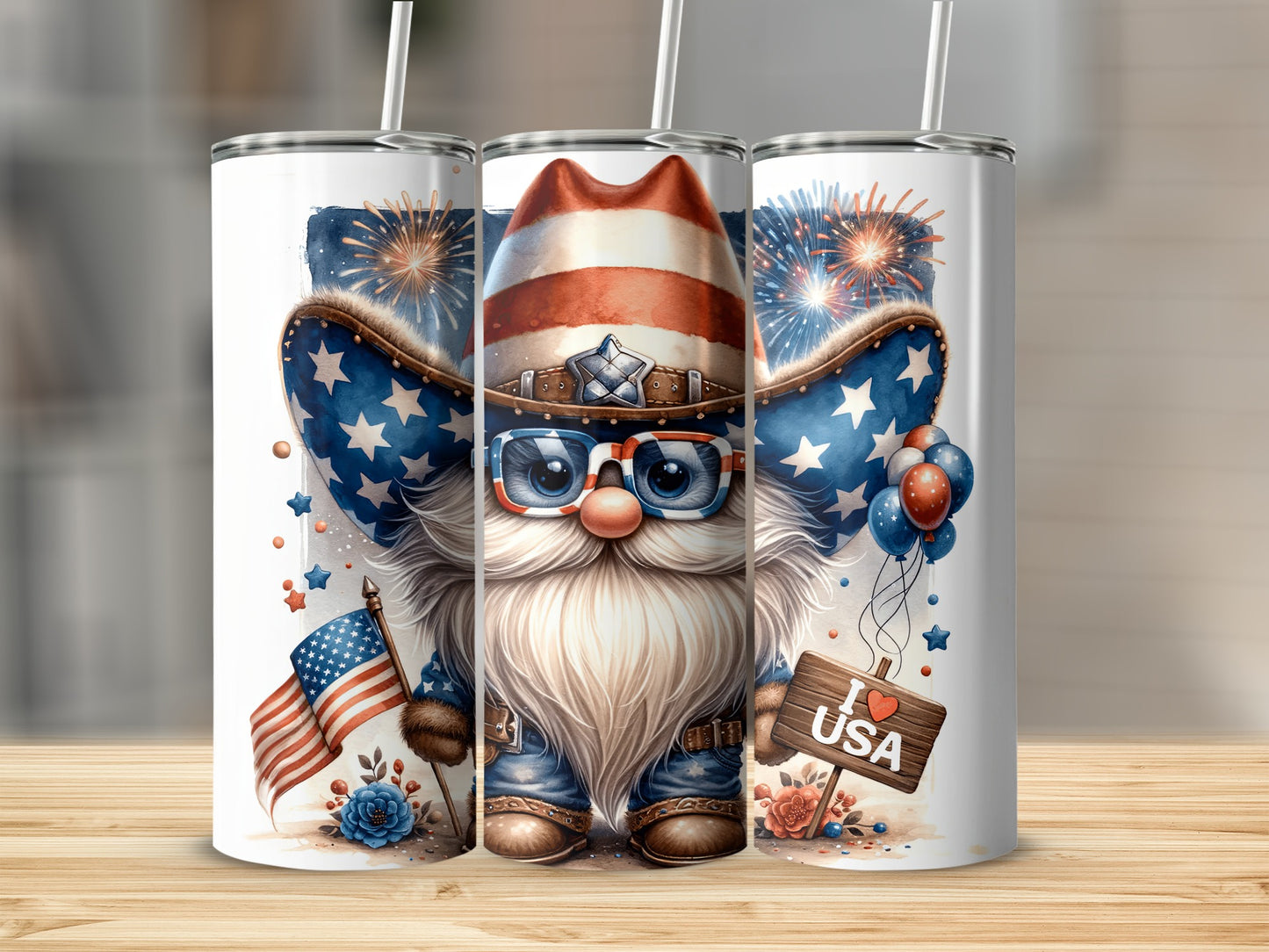 Gnome in a cowboy hat with American flag decorations and USA sign.