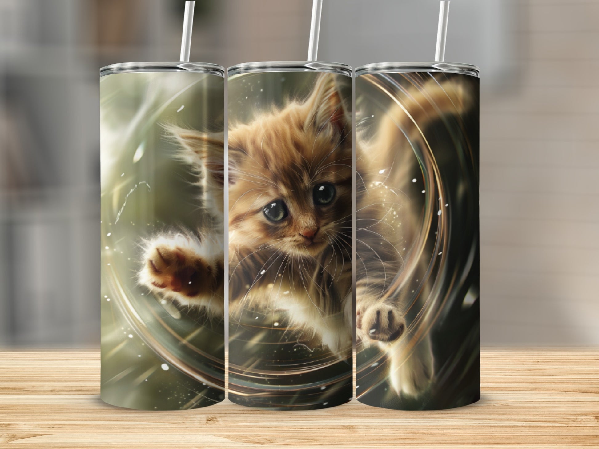 Orange kitten in swirling light on a tumbler.