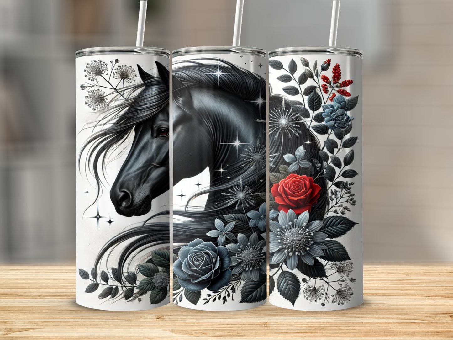 Black Horse and Floral Design Insulated Tumbler