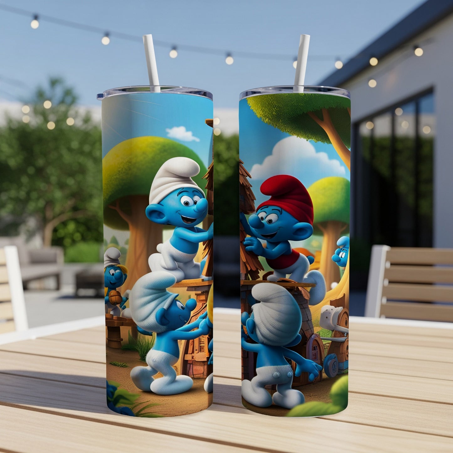 Two Smurf characters climb a tree on a patterned tumbler with straws.