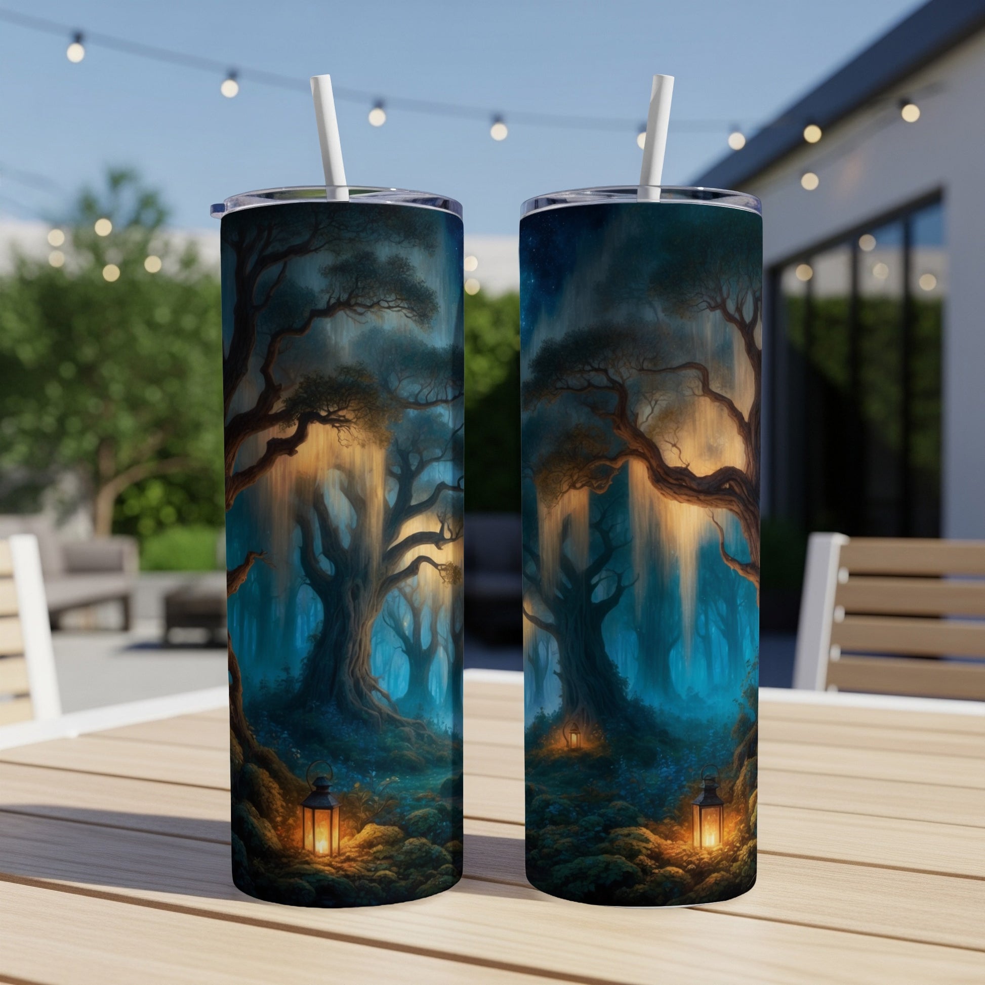 Fantasy forest scene with glowing lanterns on two tumblers.