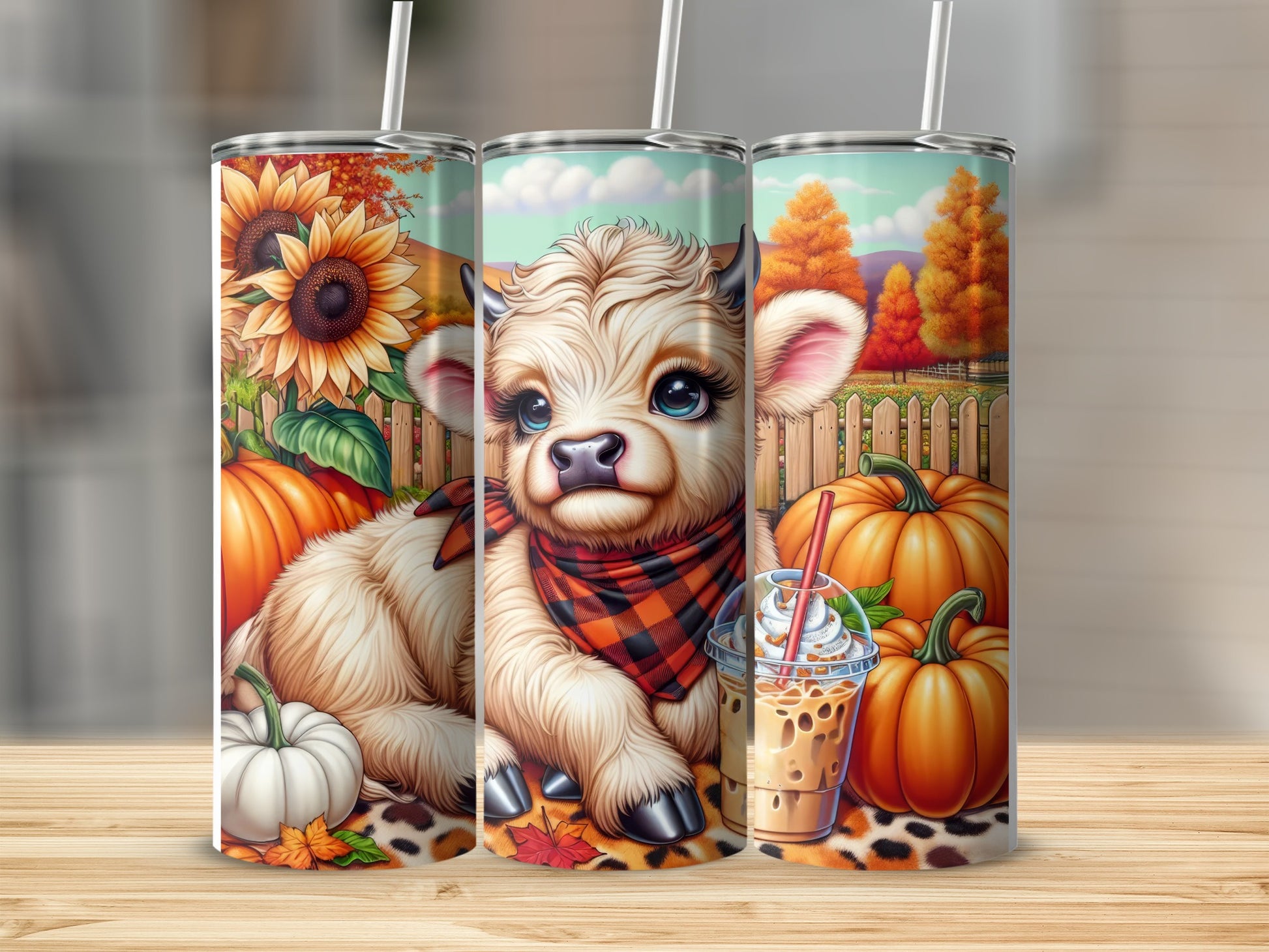 Cow with plaid bandana and pumpkin spice drink, surrounded by pumpkins and sunflowers.