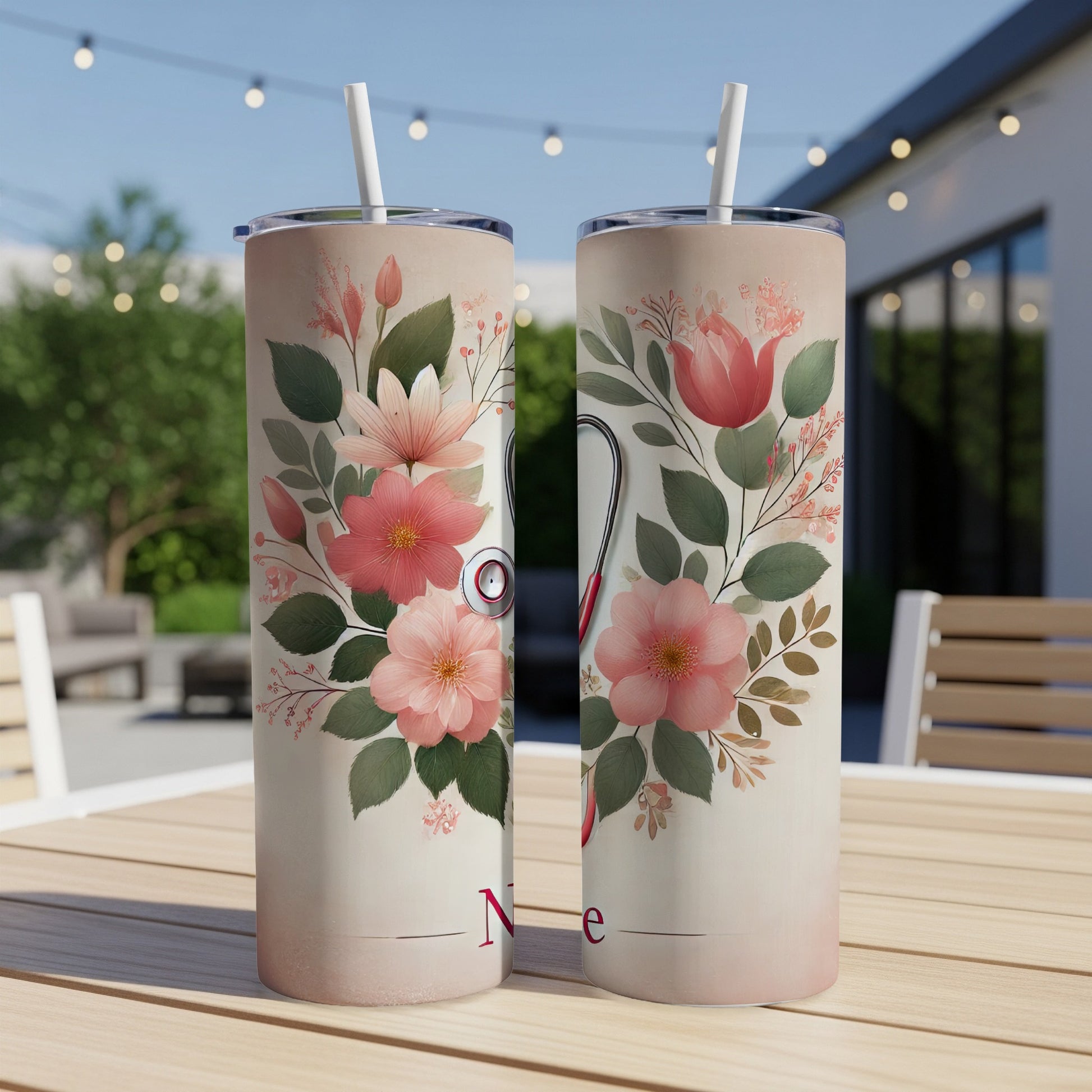 Two tumblers with floral and stethoscope design, "Nurse" text.