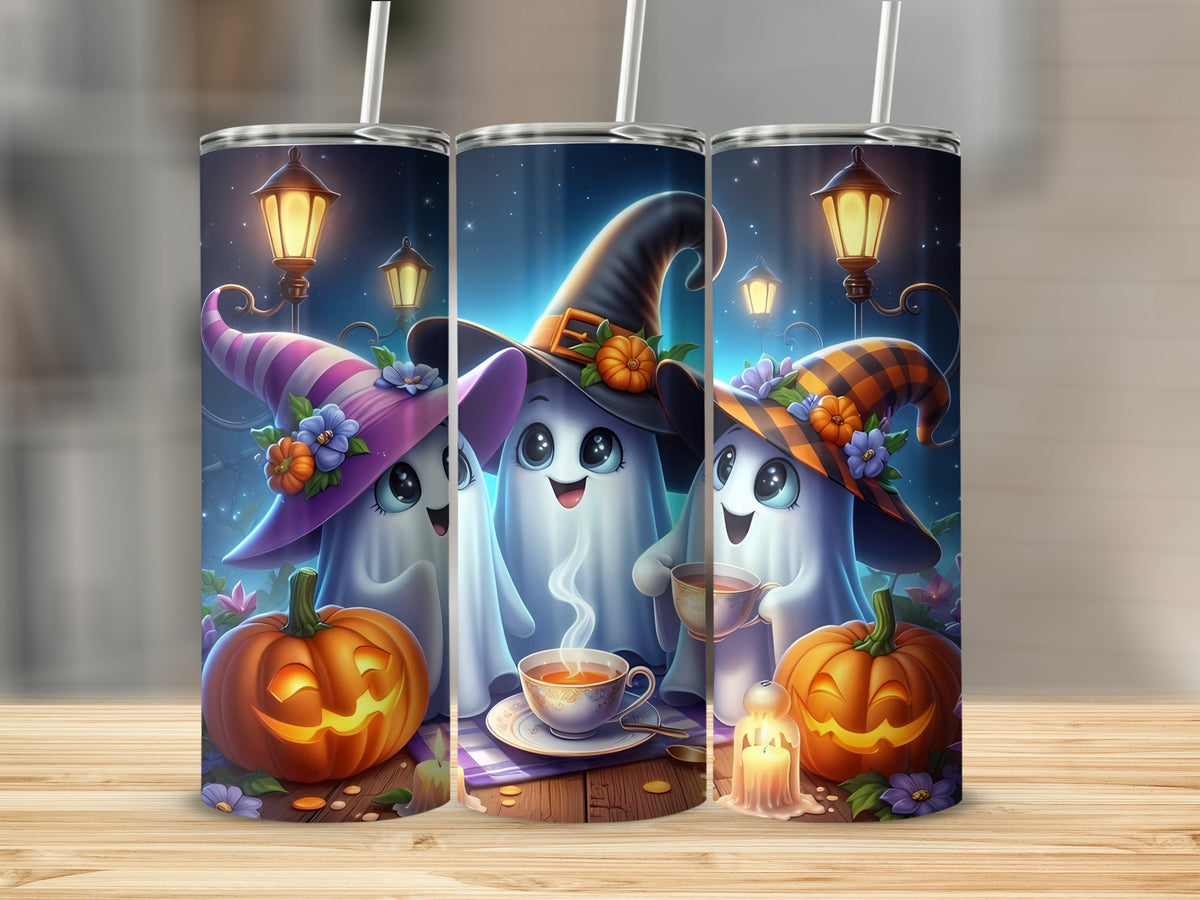 Three cute ghosts in witch hats with pumpkins and lanterns on a starry night.