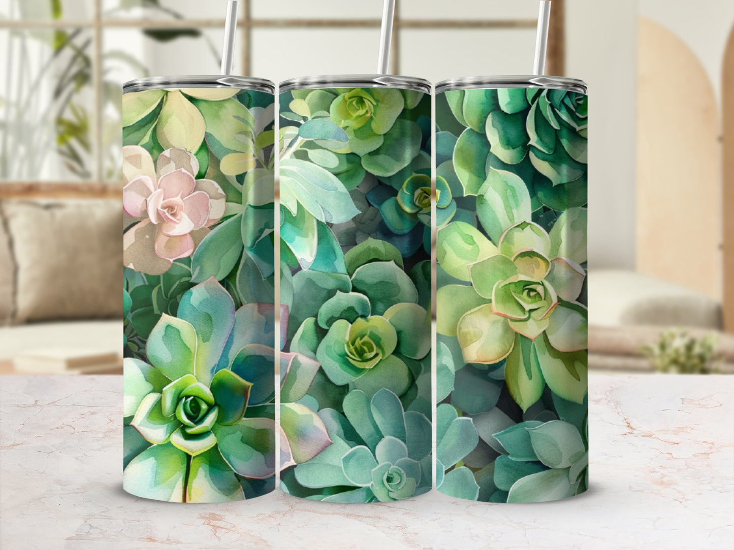 Three tumblers featuring a pattern of various green and pink succulents.