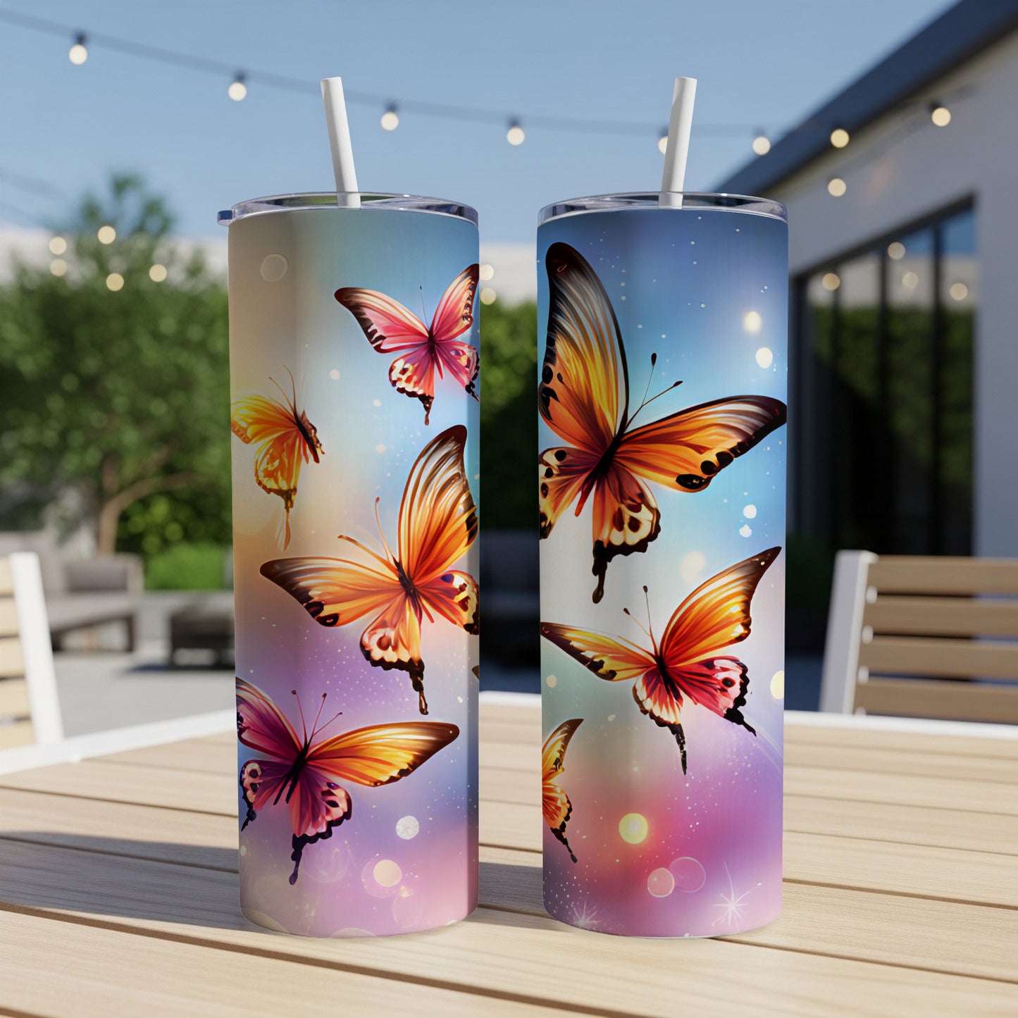 Two tumblers with colorful butterfly designs sit on a table outdoors.