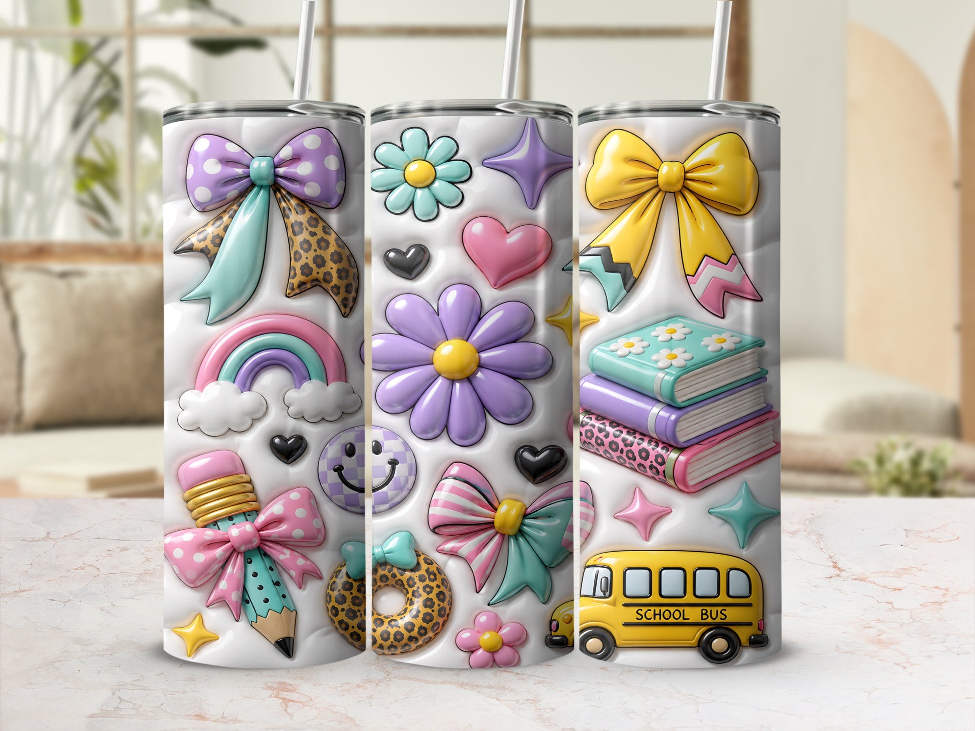 Three tumblers with school-themed graphics featuring bows, books, a bus, and smiley faces.