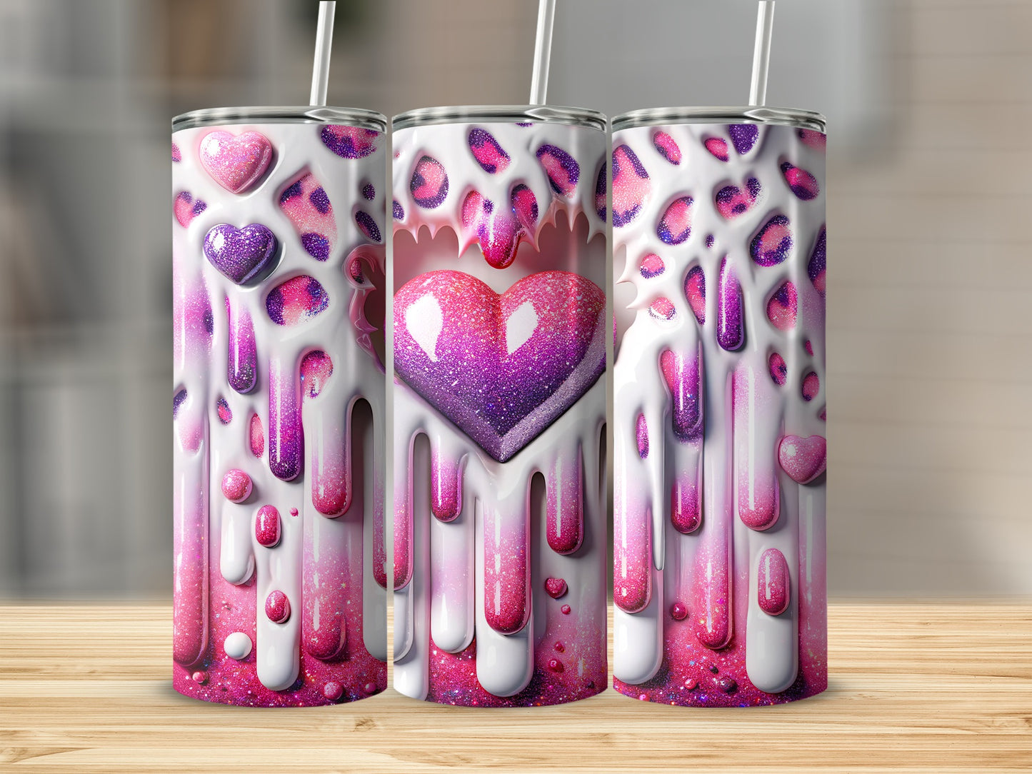 Pink White Heart Design With Leopard Print Valentine Tumblers