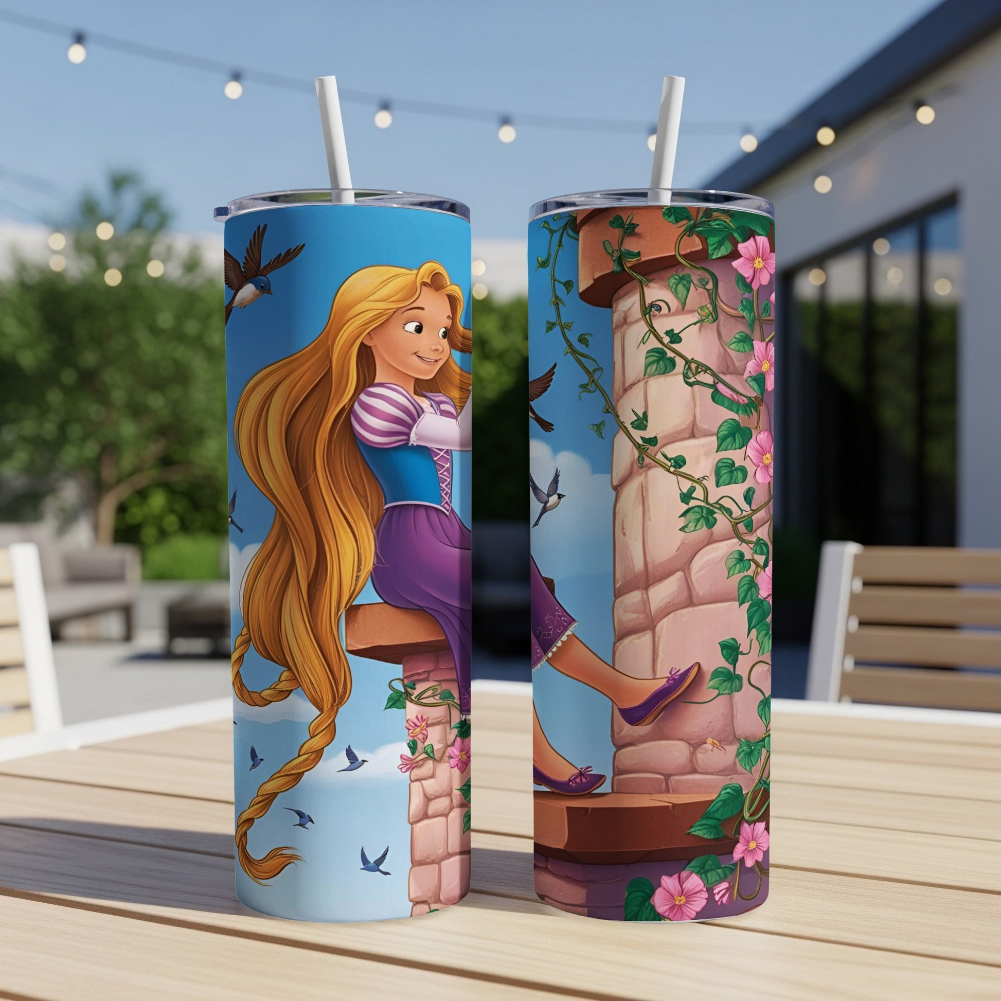 Rapunzel sits on a tower with long blonde hair and birds flying.