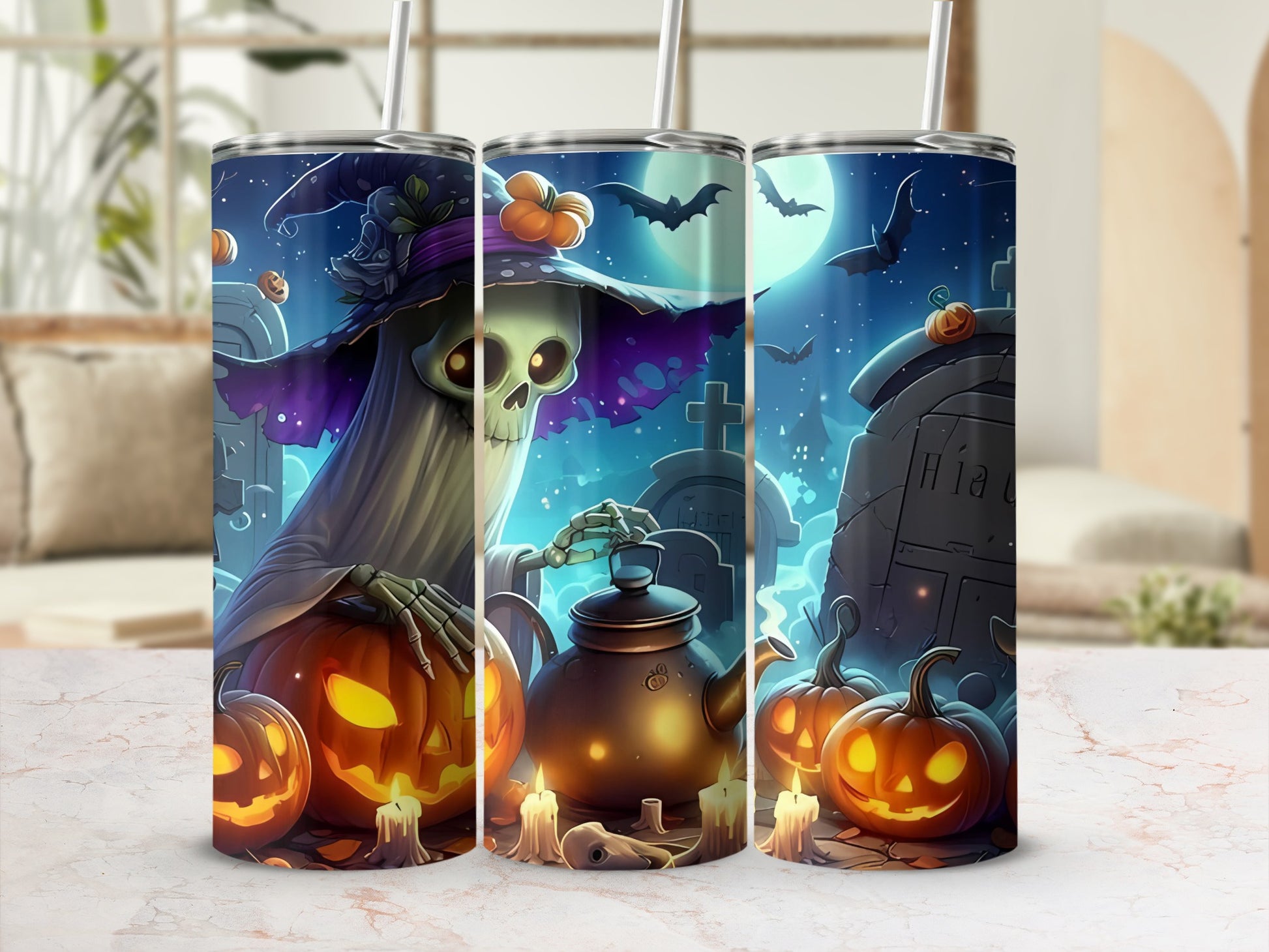 Halloween tumbler with a spooky graveyard scene and jack-o'-lanterns.