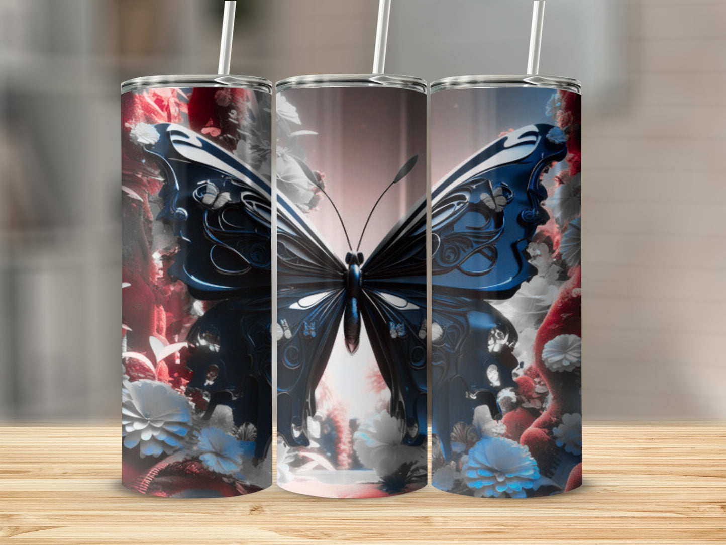 Dark blue butterfly with floral accents on a cylindrical tumbler.