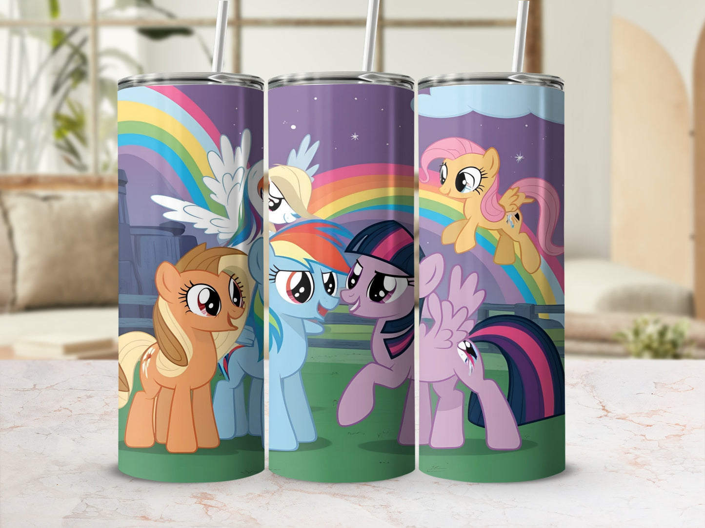 My Little Pony characters Rainbow Dash, Applejack, Pinkie Pie, and Fluttershy on a tumbler.