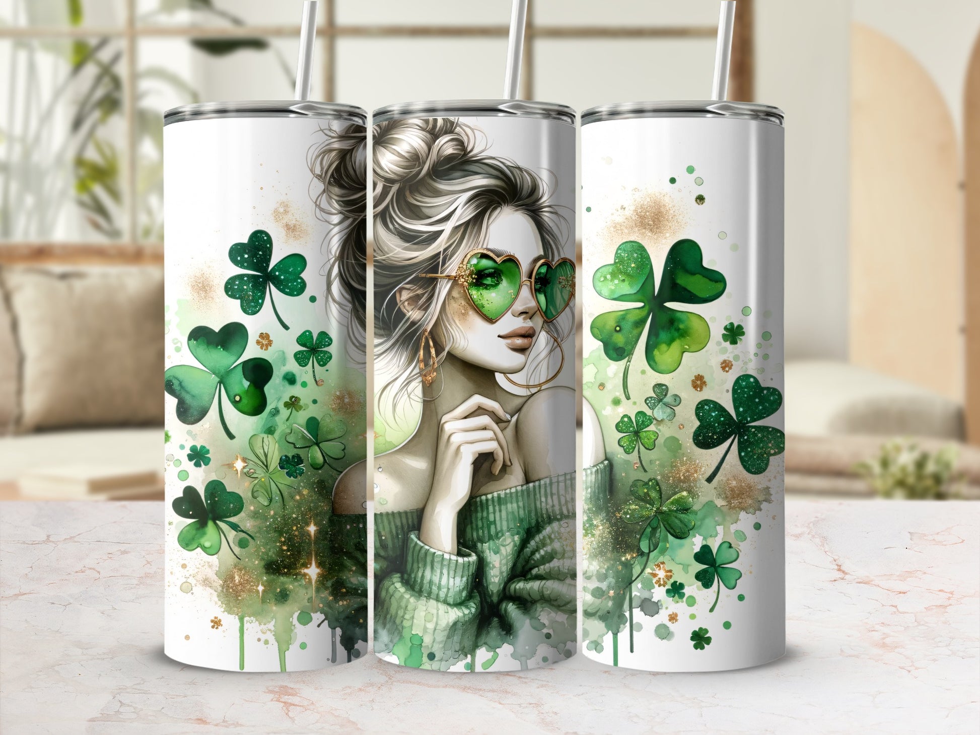 Woman with heart-shaped sunglasses and shamrocks on a tumbler.