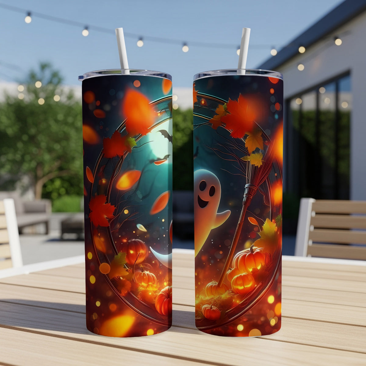Two tumblers with a Halloween design featuring a ghost, pumpkins, and fall leaves.