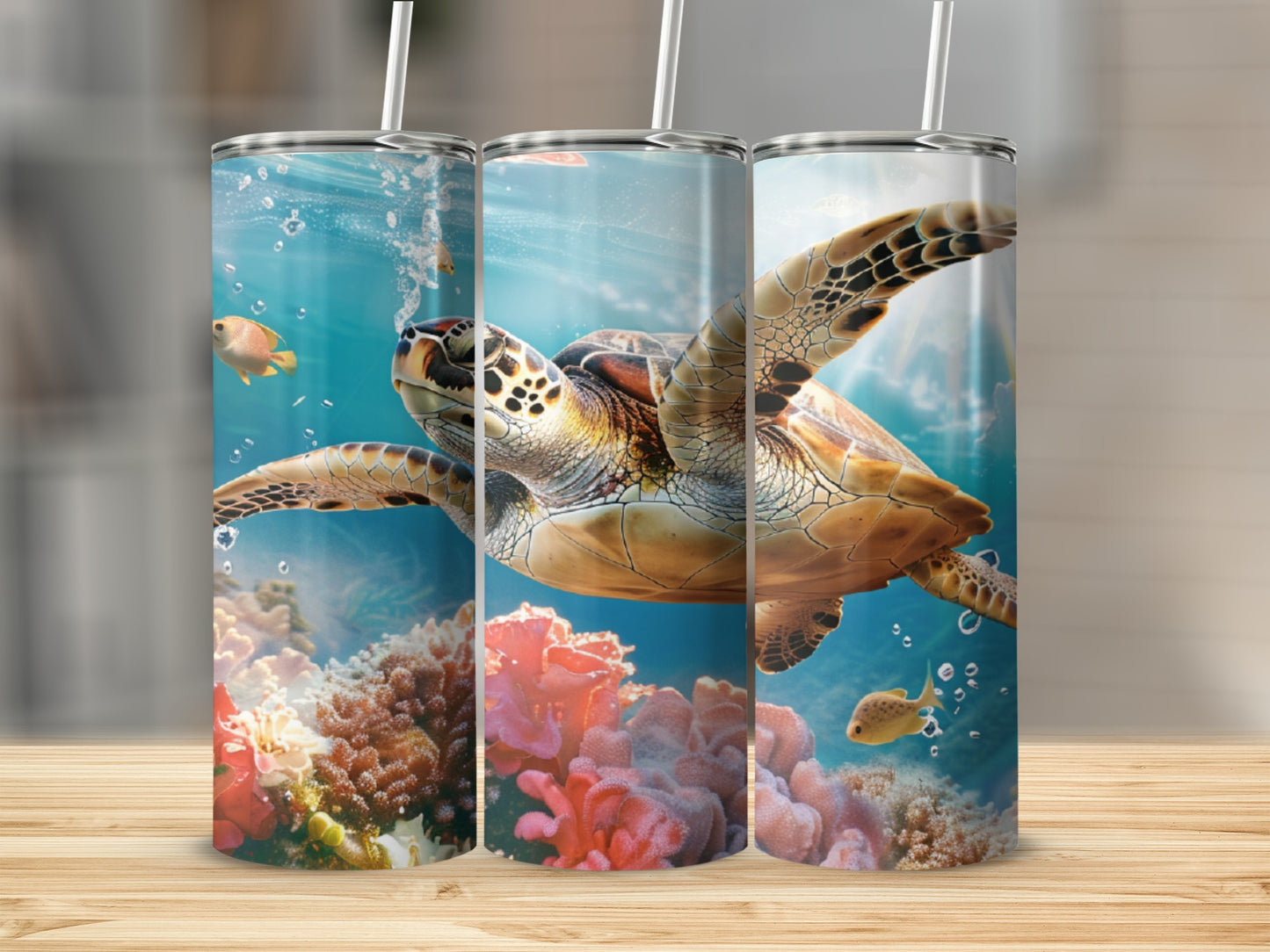 Sea turtle and fish swim among vibrant coral reefs underwater.