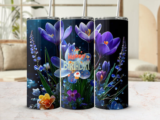 Tumbler featuring purple flowers and "Happy Birthday" text with floral accents.