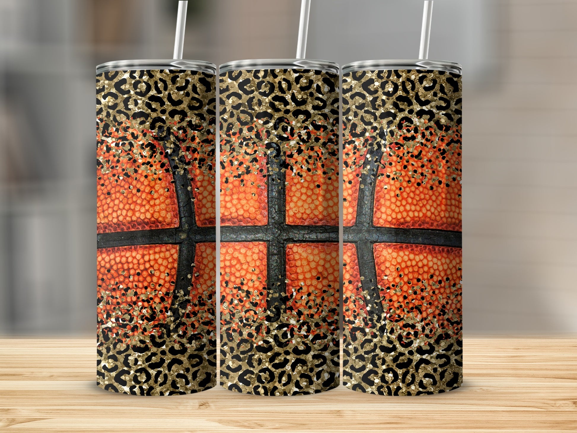 Basketball tumbler with leopard print and glitter accents.
