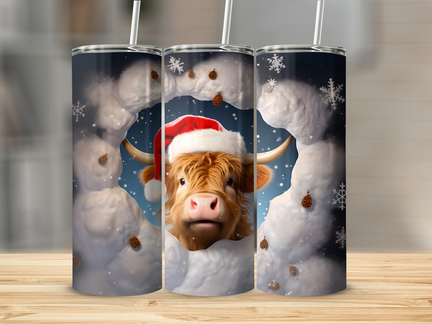 Highland Cow Santa Hat Christmas Tumbler Snowflakes Decor
