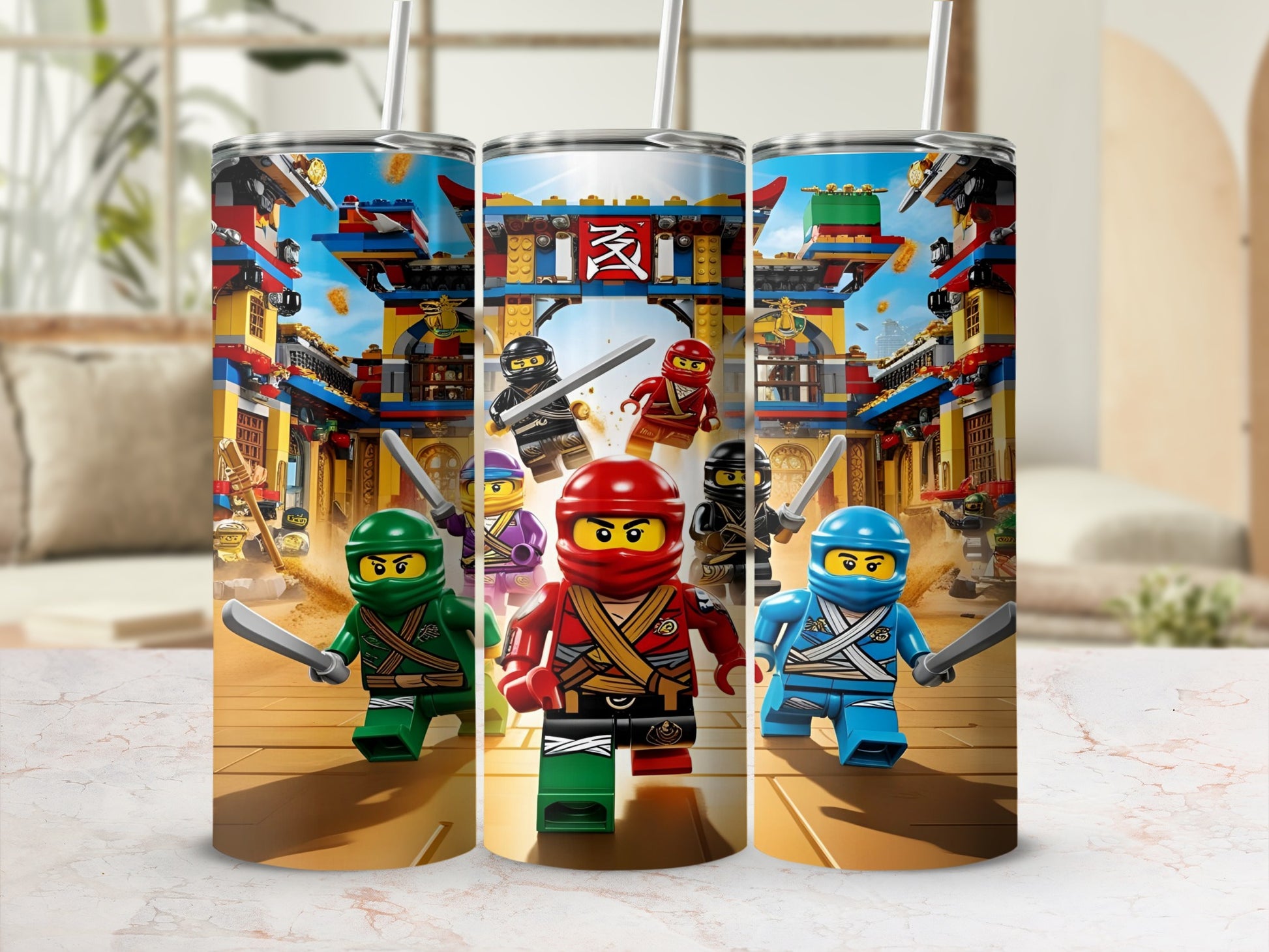 Three Lego Ninjago characters in fighting stances with swords.
