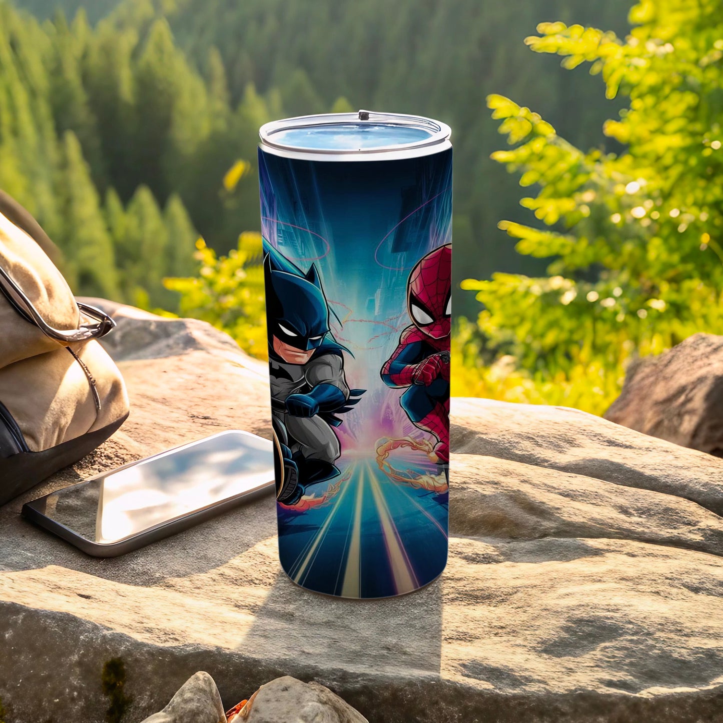Superhero Themed Travel Mug Bat and Spider Design