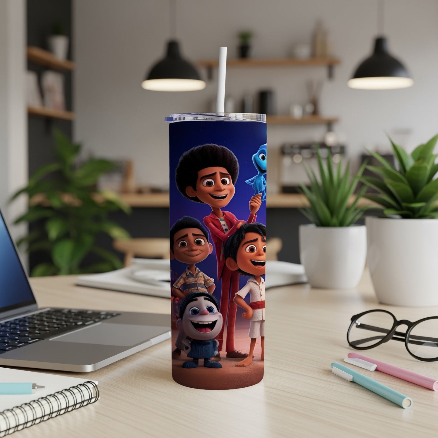 Animated characters Mirabel, Antonio, Luisa, and Bruno on a skinny tumbler.