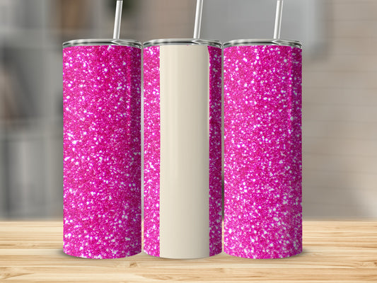 Three glittery pink tumblers with white straws on a wooden surface.