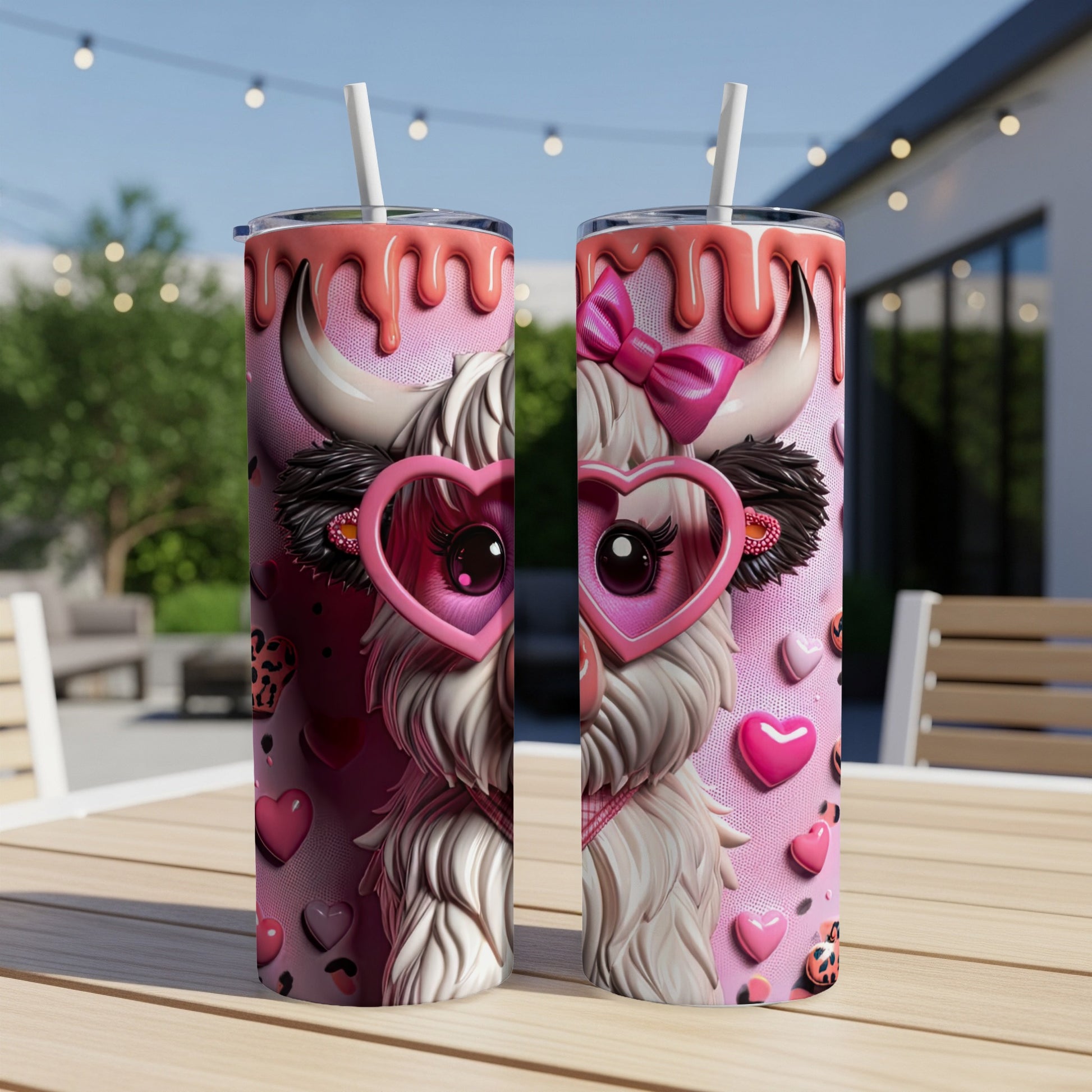 Pink Valentine's Day tumbler with cow graphic and heart details.