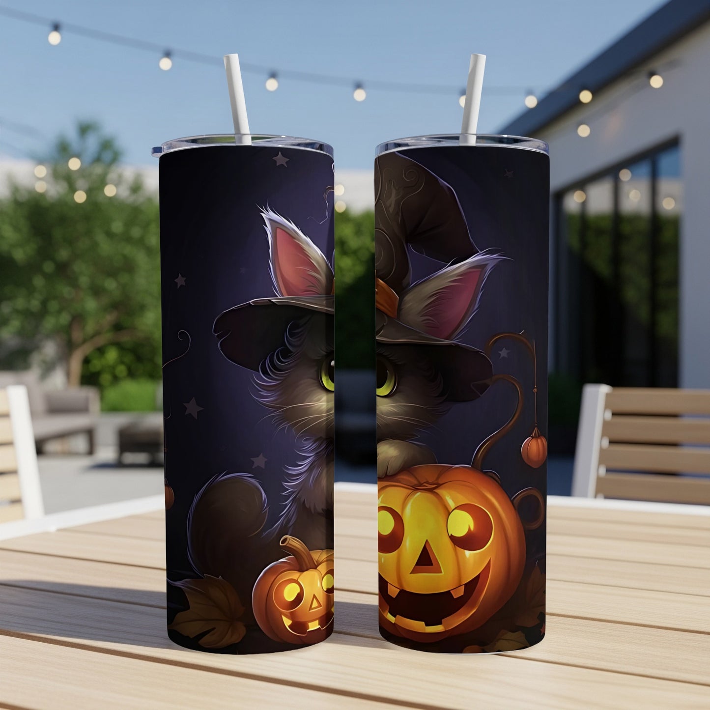 Two tumblers featuring a black cat in a witch hat with pumpkins and autumn leaves.