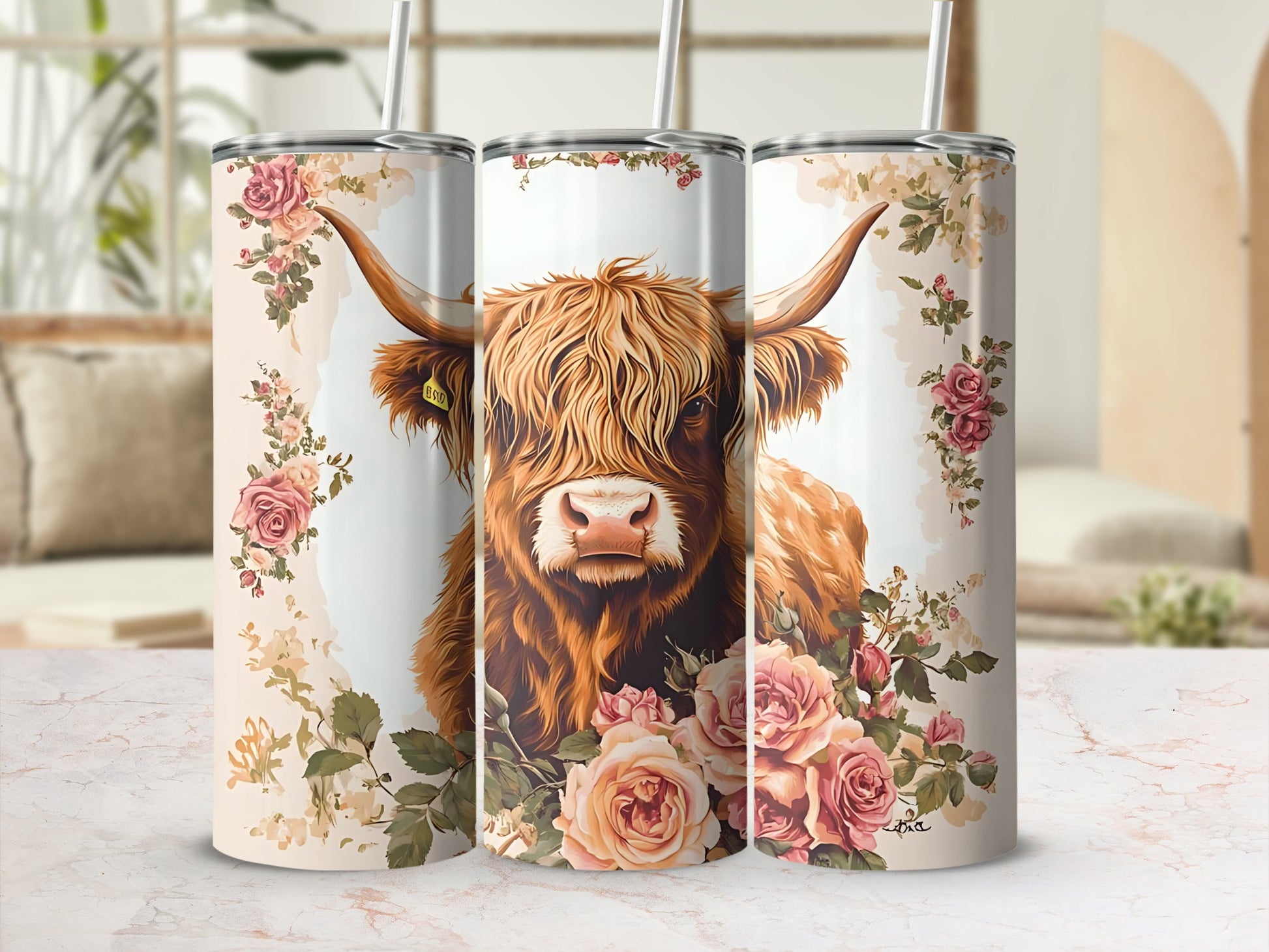 Floral Highland Cow Design Insulated Tumbler Product