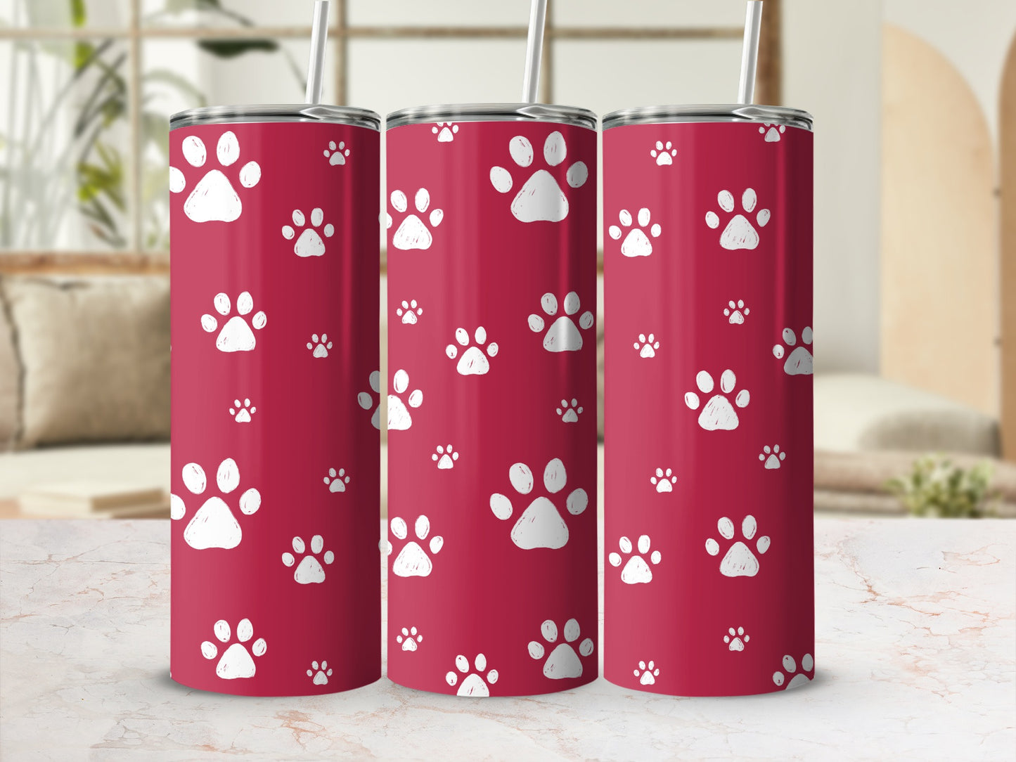 Red Paw Print Design Tumbler with Straw