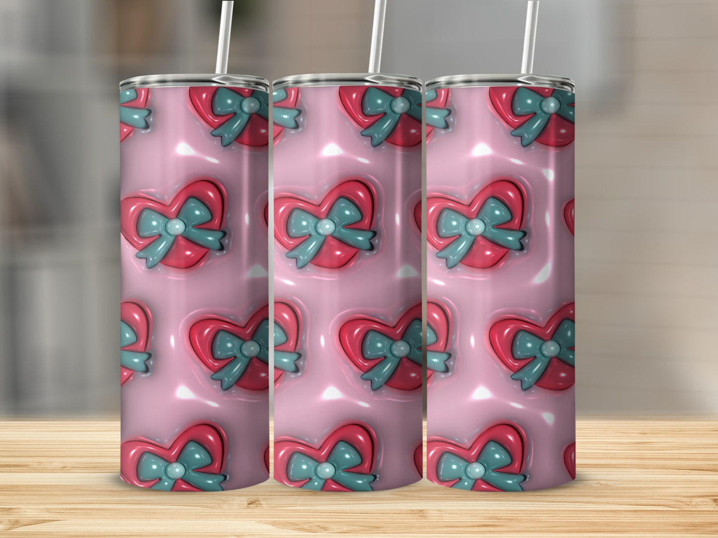 Glossy Pink Tumbler with Ribbon Heart Design