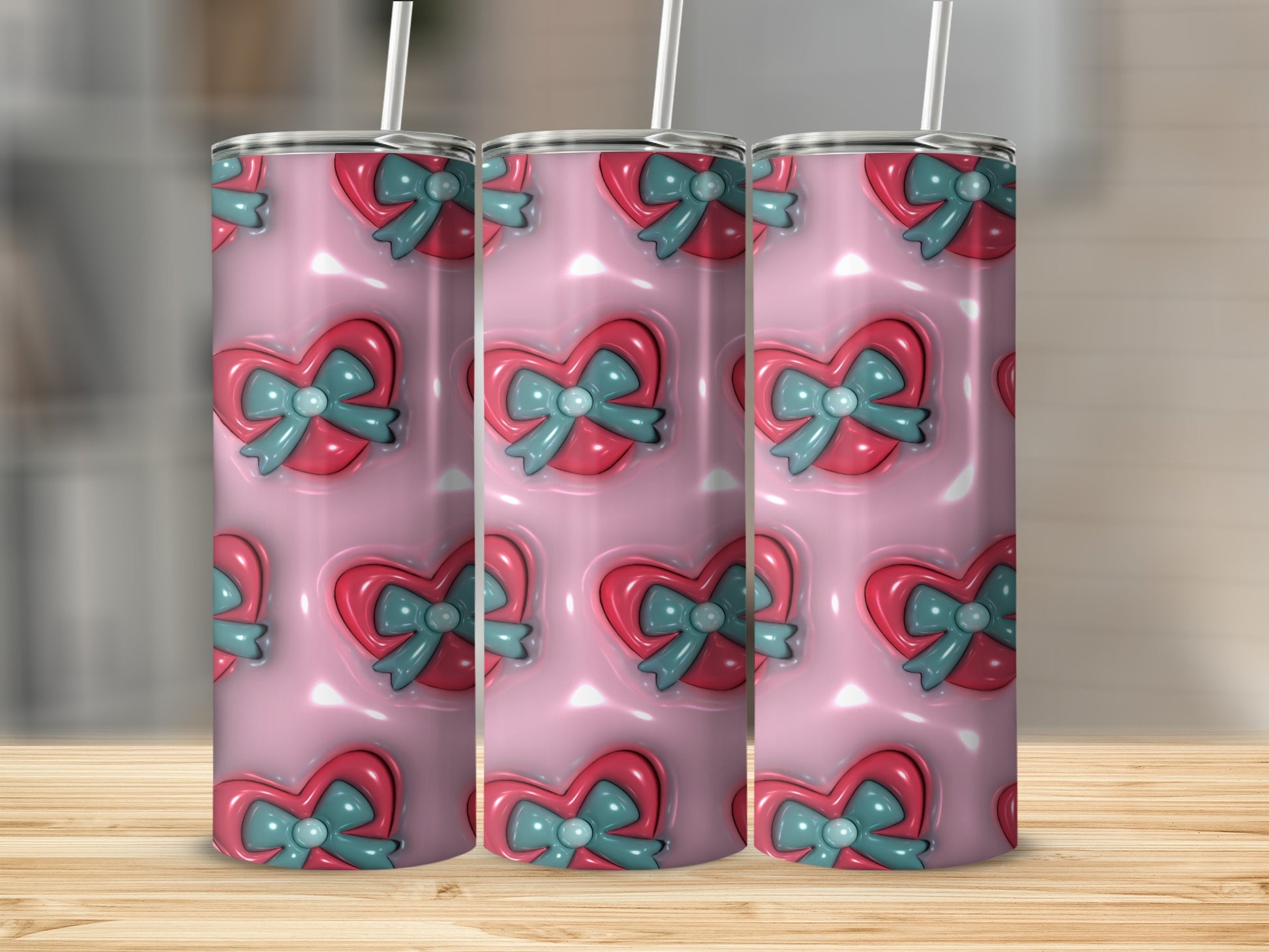 Glossy Pink Tumbler with Ribbon Heart Design
