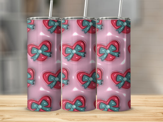 Glossy Pink Tumbler with Ribbon Heart Design
