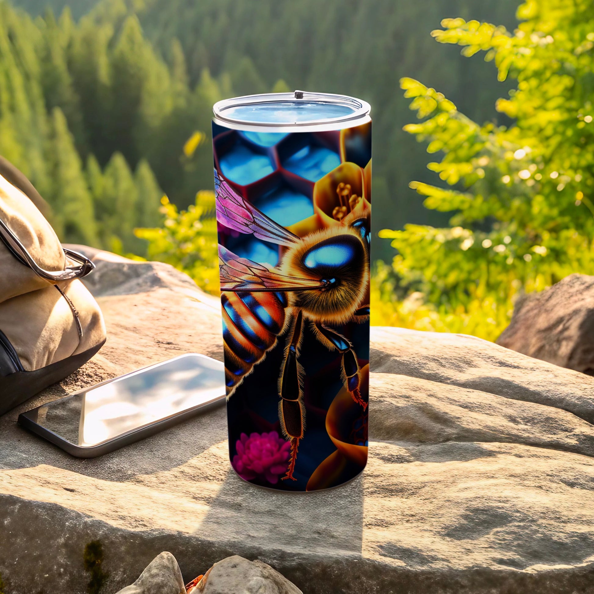 Vibrant colorful bee honeycomb flower art tumbler product type