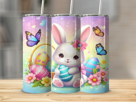 Cute bunny with Easter eggs and butterflies in a floral design.