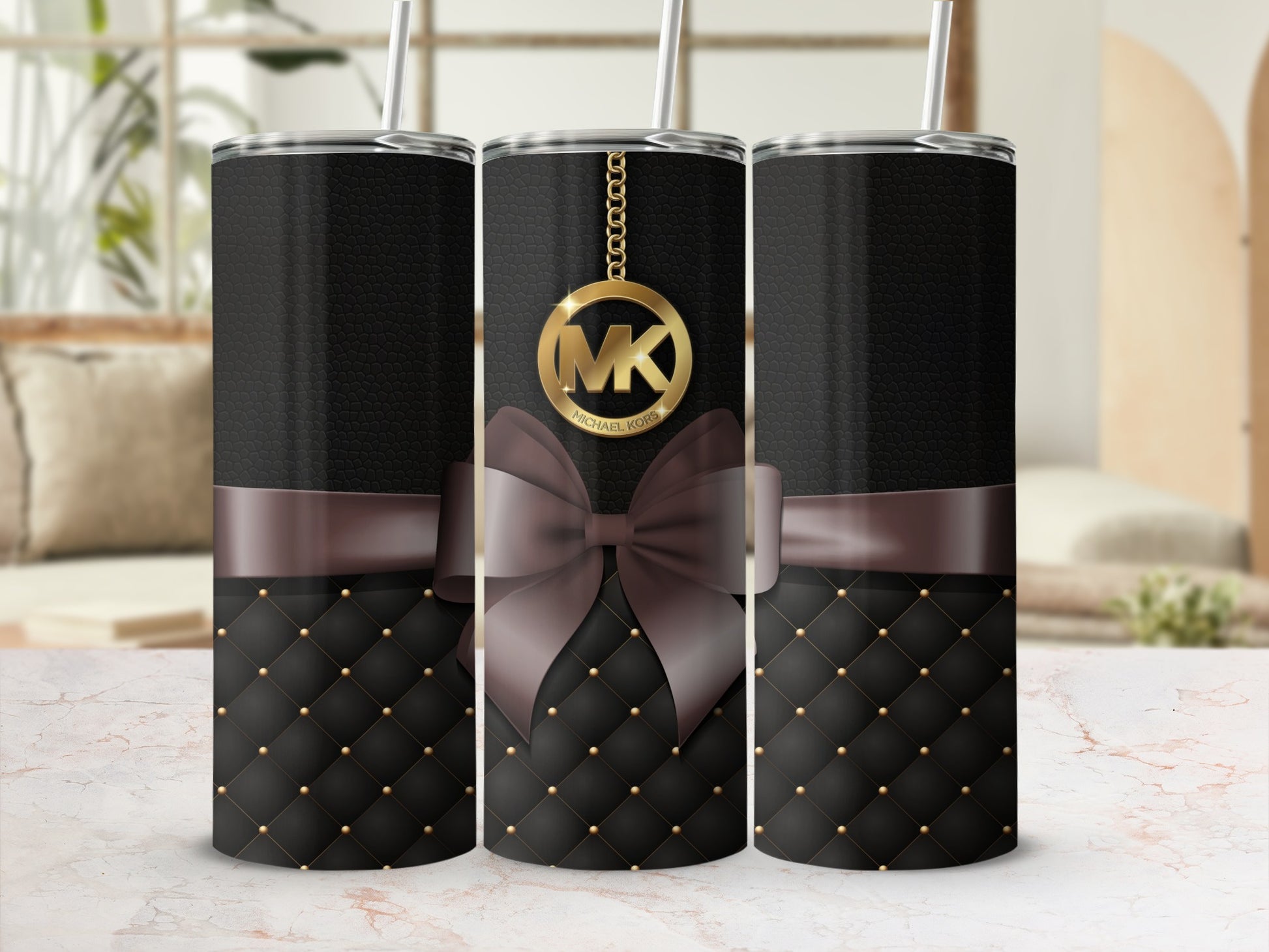 Elegant Black Quilted Tumbler with Brown Bow Twist