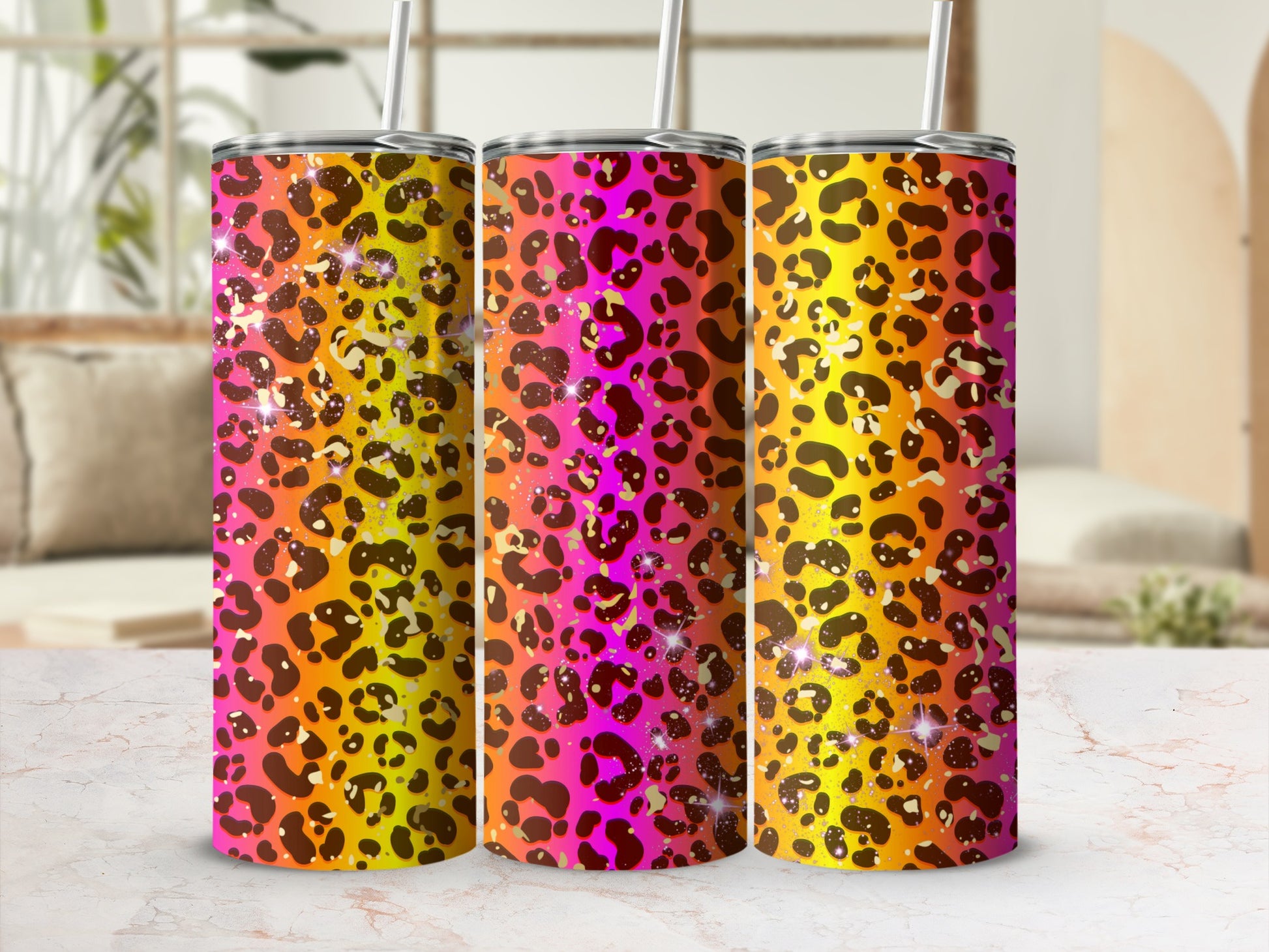 Colorful Leopard Print Tumbler Set with Straw Drinkware
