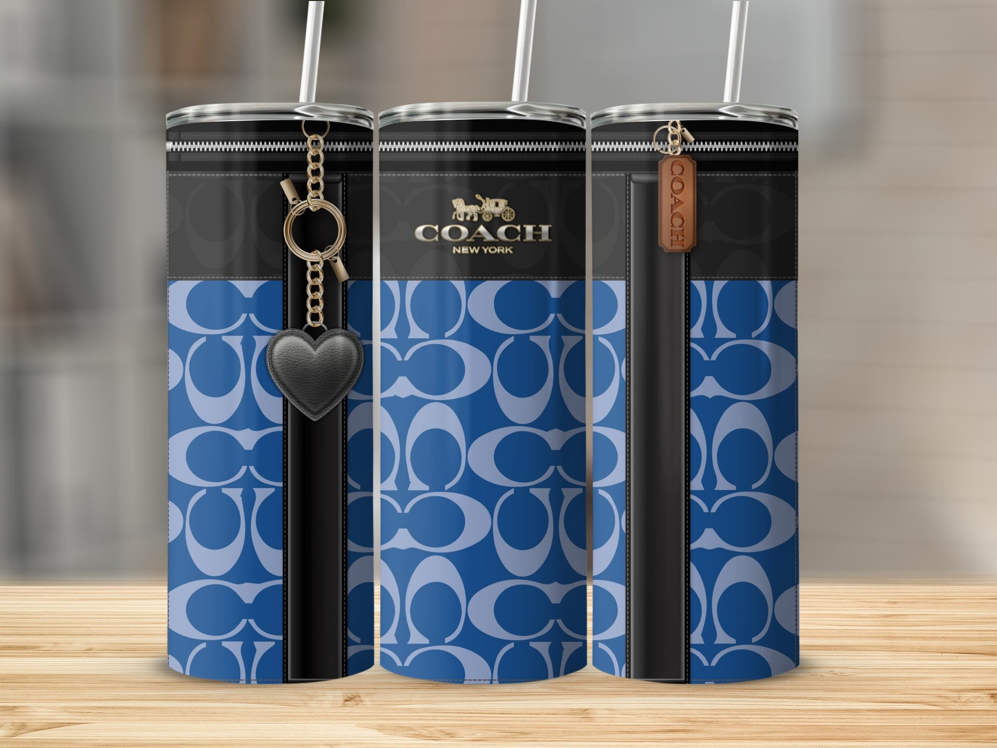 Stylish Blue and Black Tumbler with Heart Pendant Design