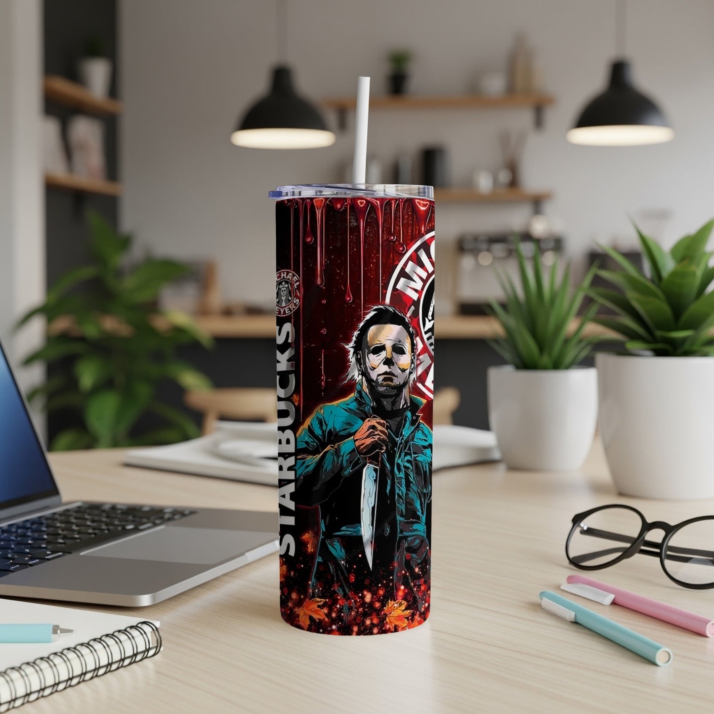 Michael Myers tumbler with "Starbucks" text on a dark, bloody background.